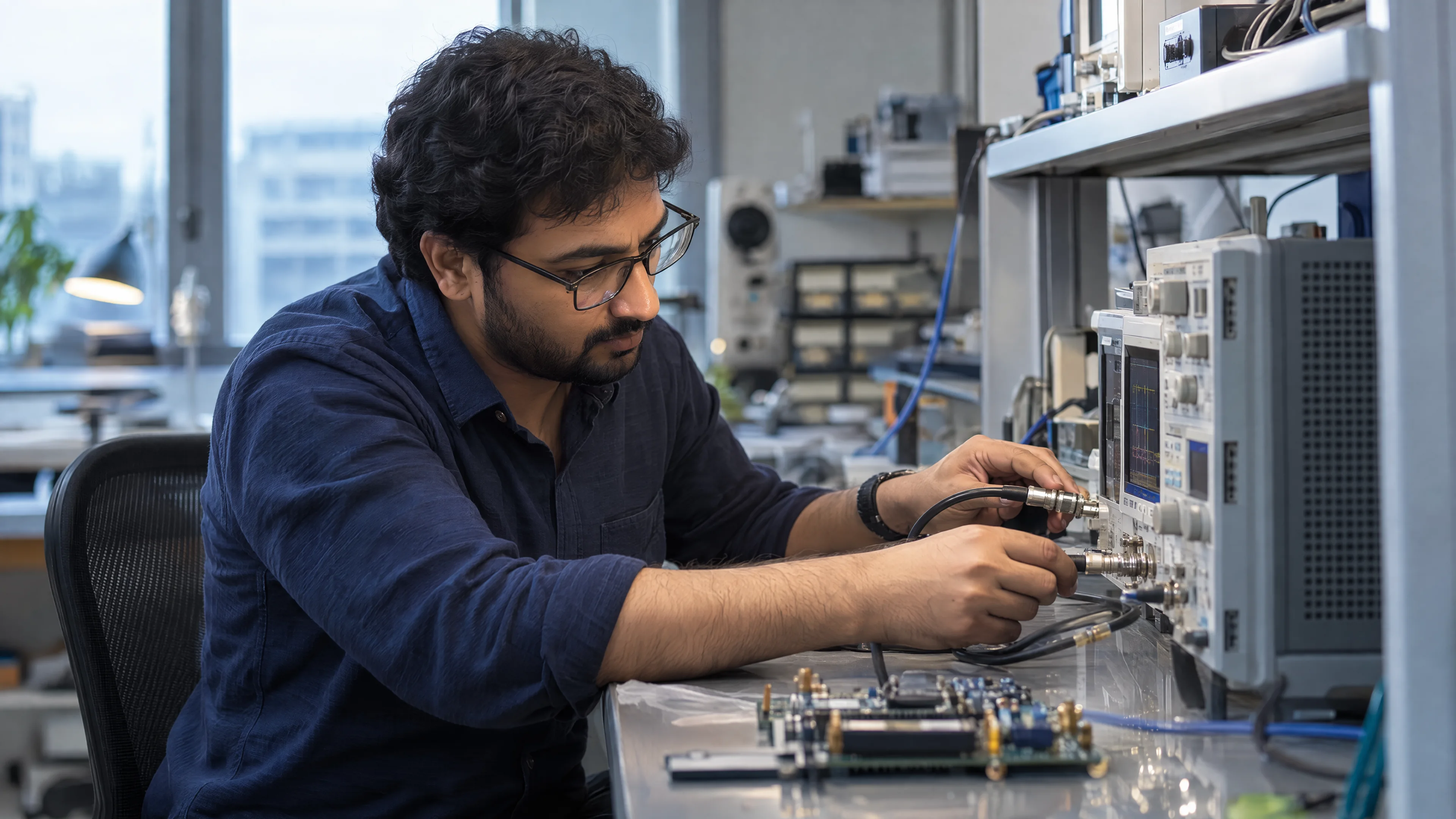 Technical specialist connecting a test device to a workbench instrument.