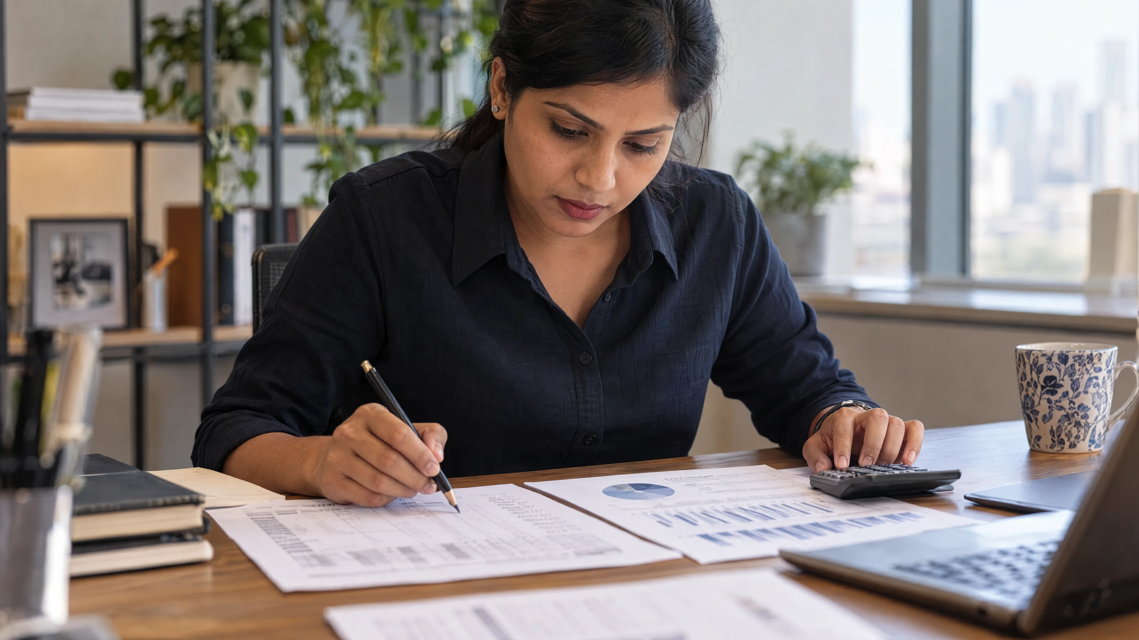Reviewer comparing printed reports with a pencil and calculator.