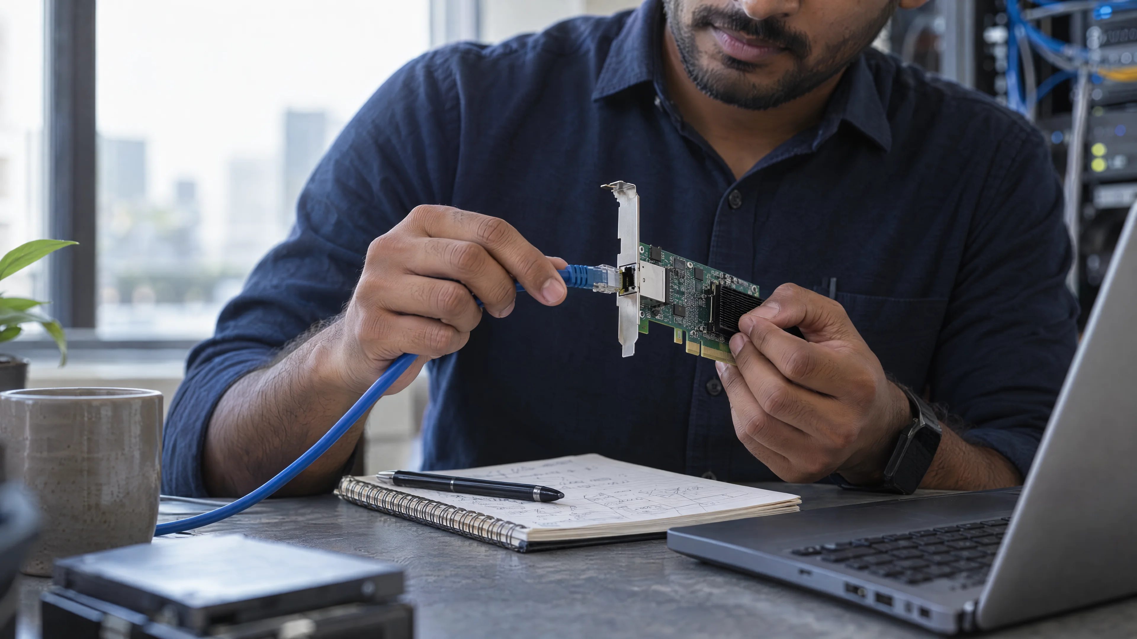 Network adapter and cable beside a technical notebook.