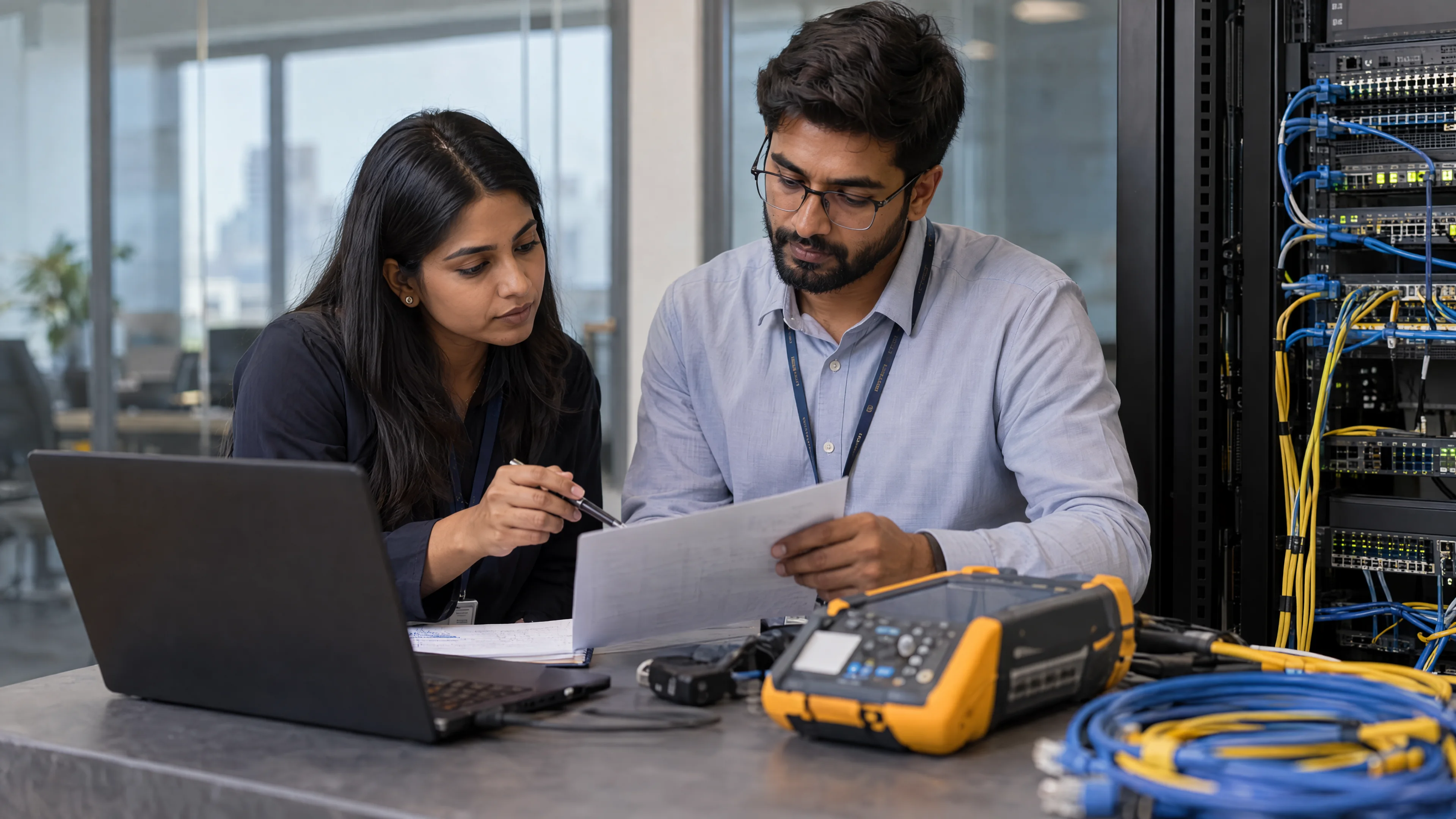 Specialists reviewing an interface checklist beside a network test instrument.