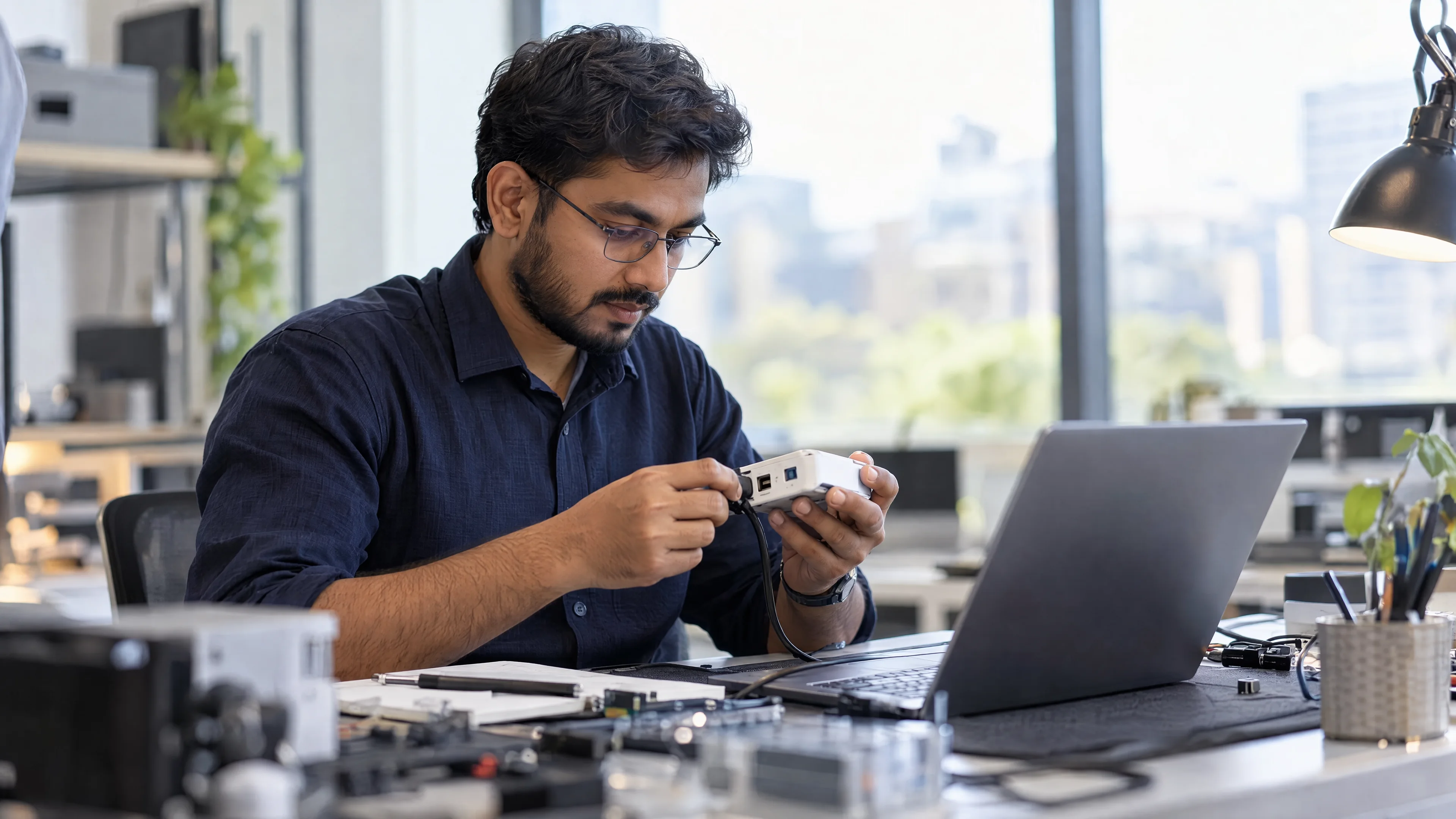 Integration engineer testing a connected device beside a laptop.