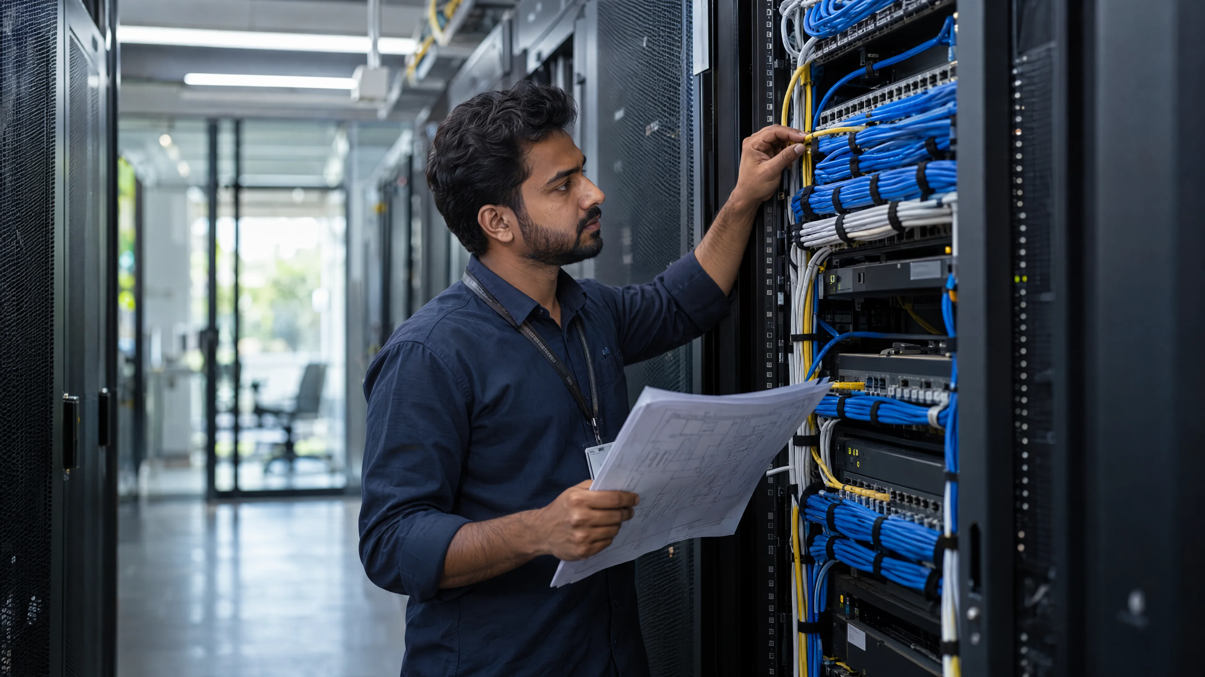 Engineer checking a network patch panel against a systems plan.