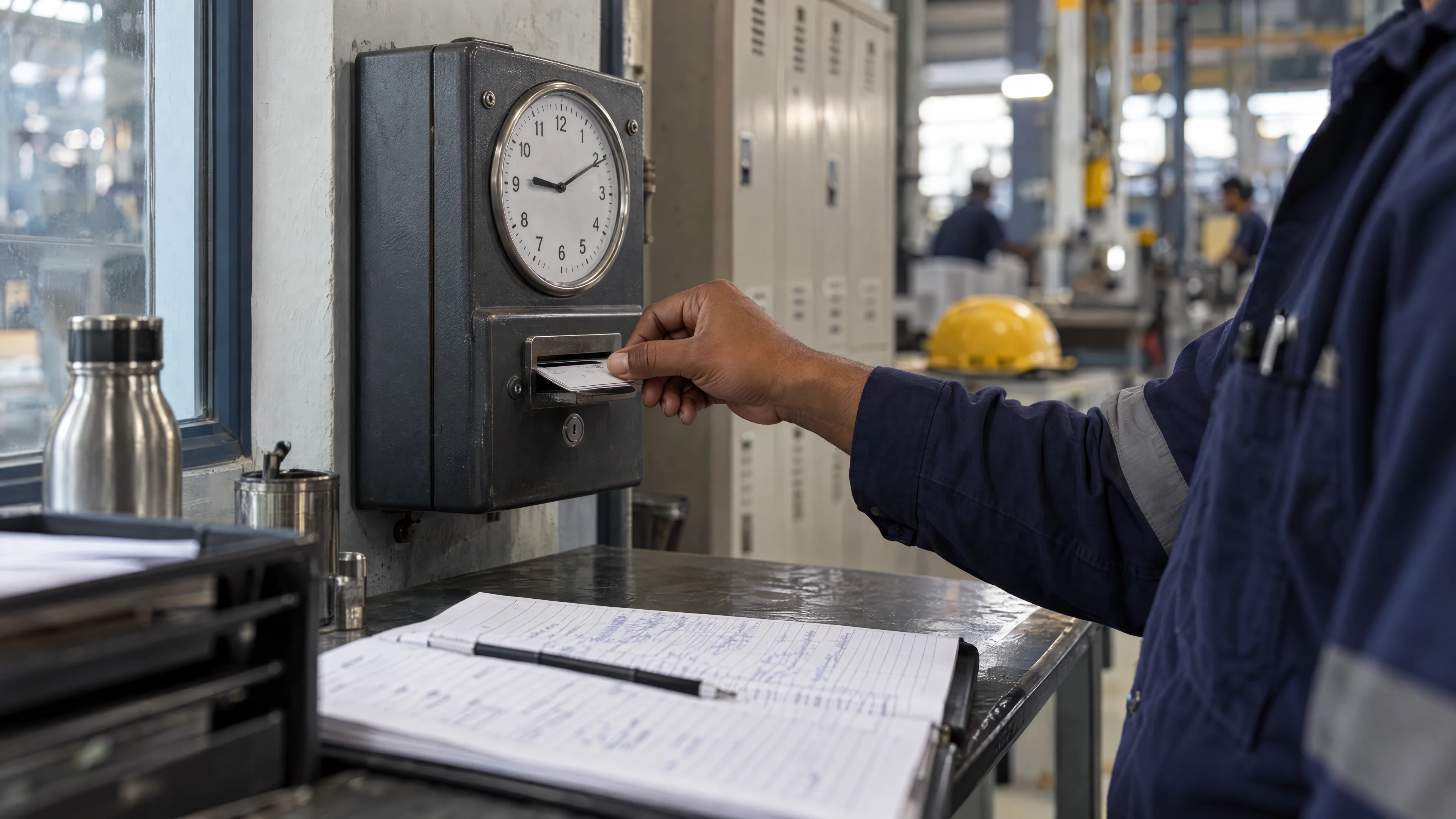 Industrial timing instrument beside an organised shift log.