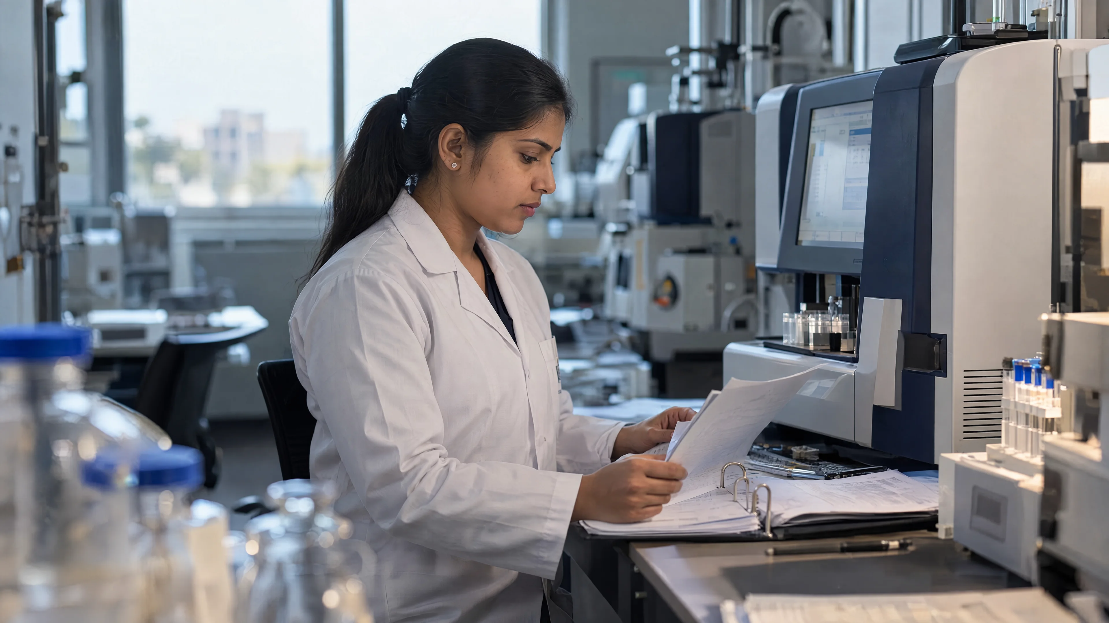Specialist comparing a batch folder with current instrument readings.