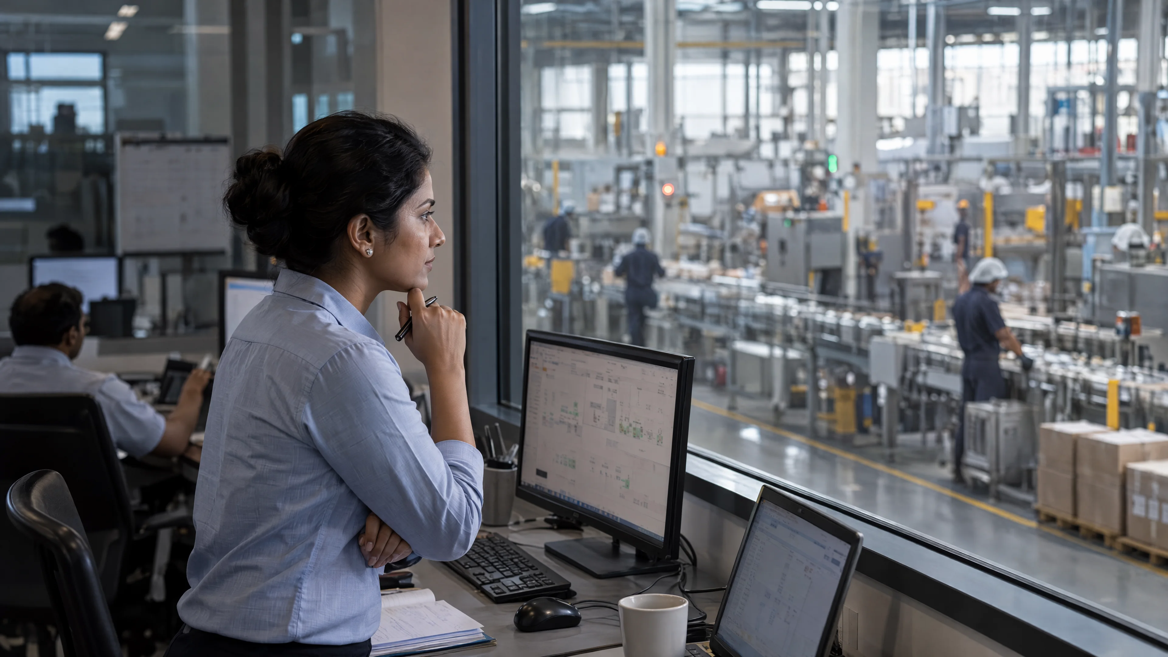Operations planner observing a production line from a control office.