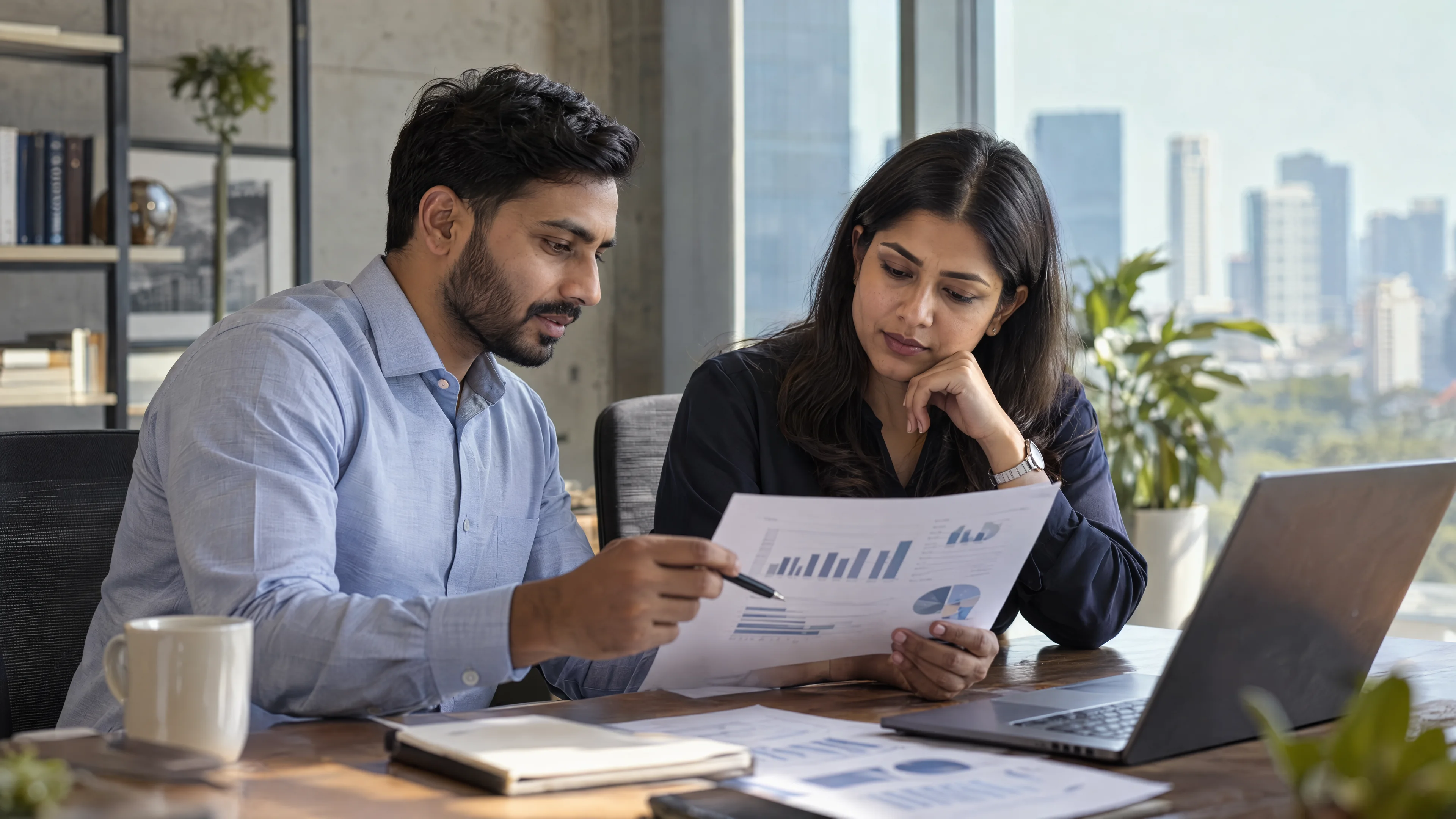 Business analysts comparing a printed report in an office.