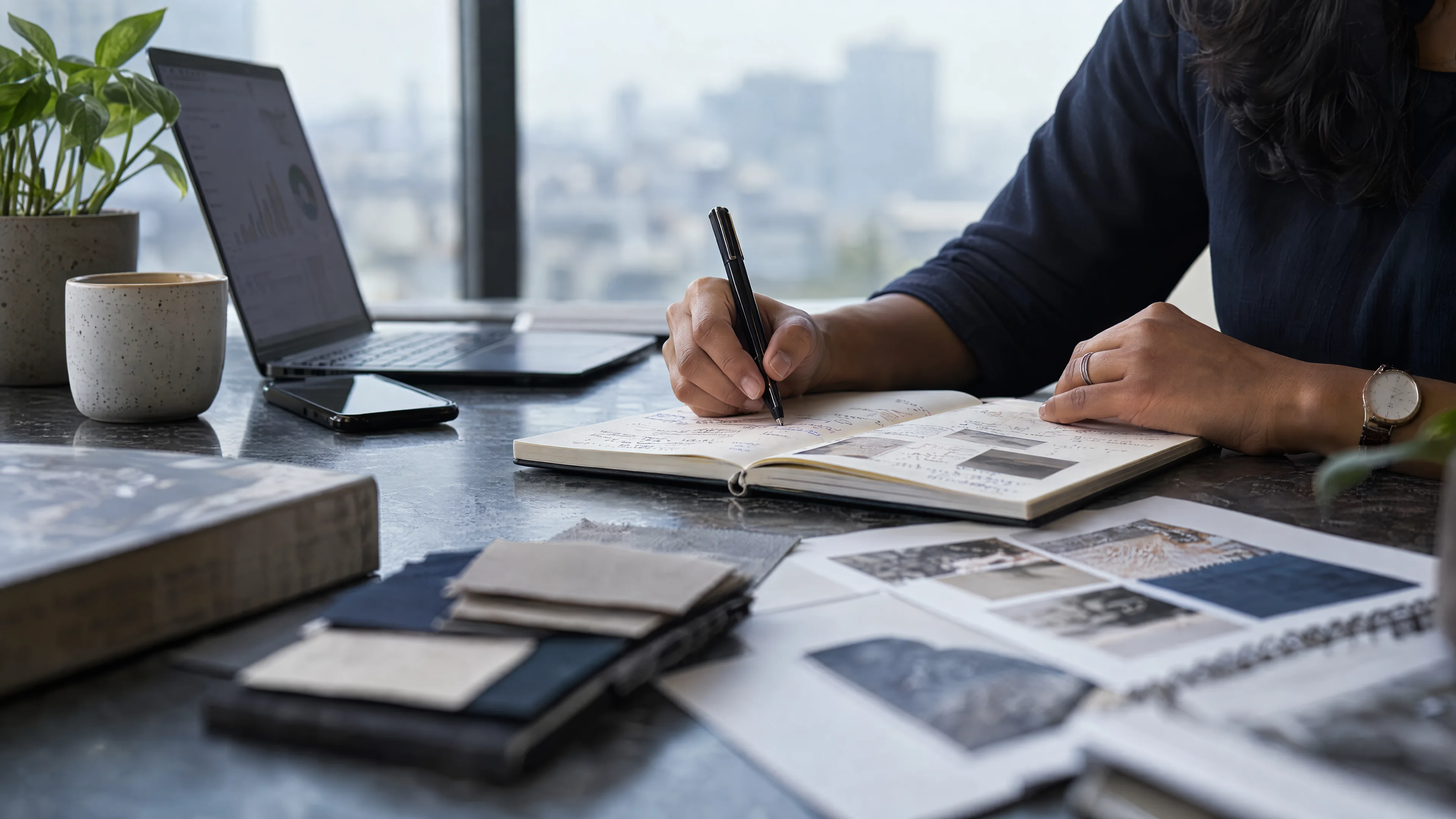 Creative samples and an analytical notebook on a desk.