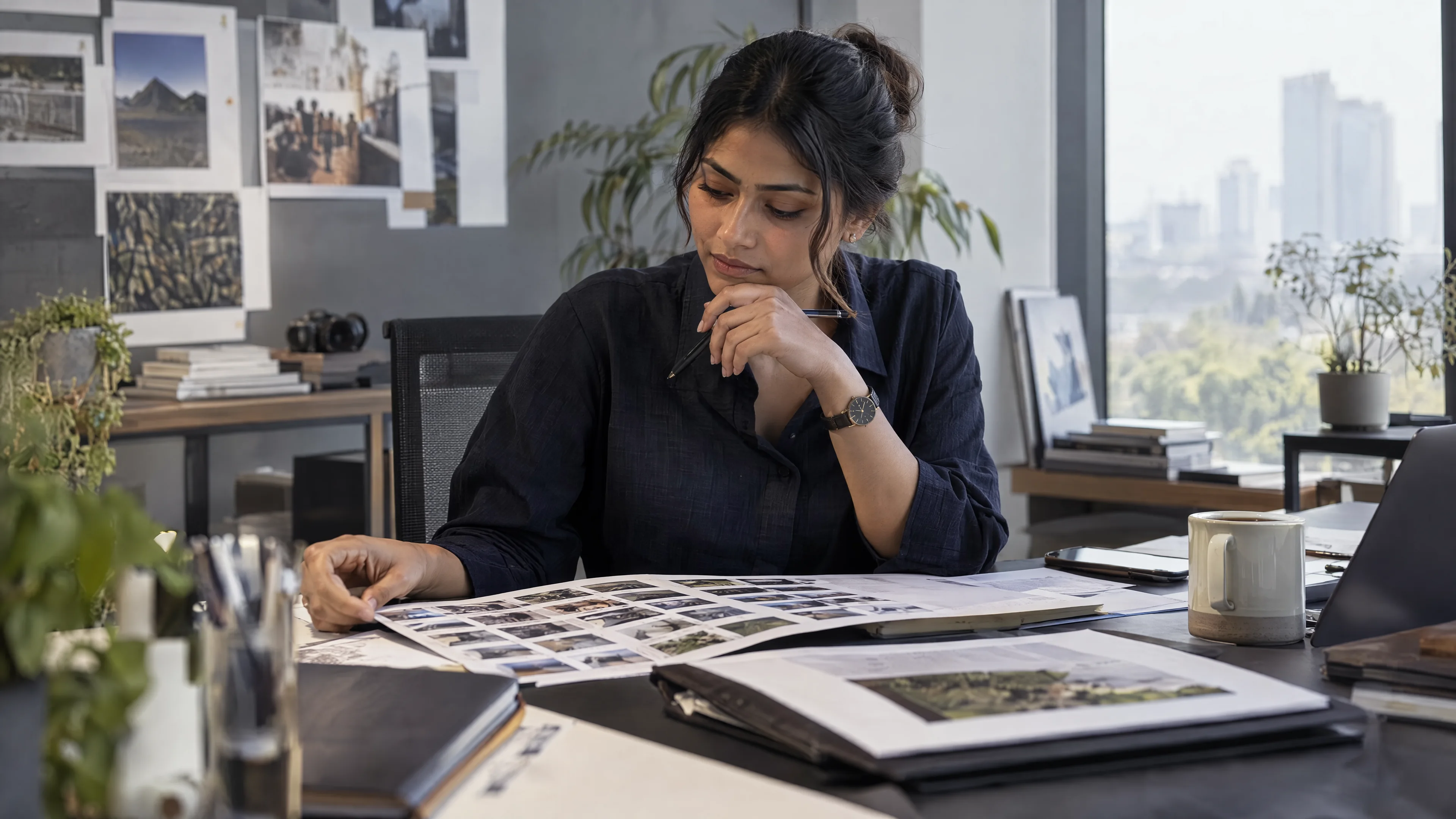 Campaign analyst reviewing a contact sheet and customer research folder.