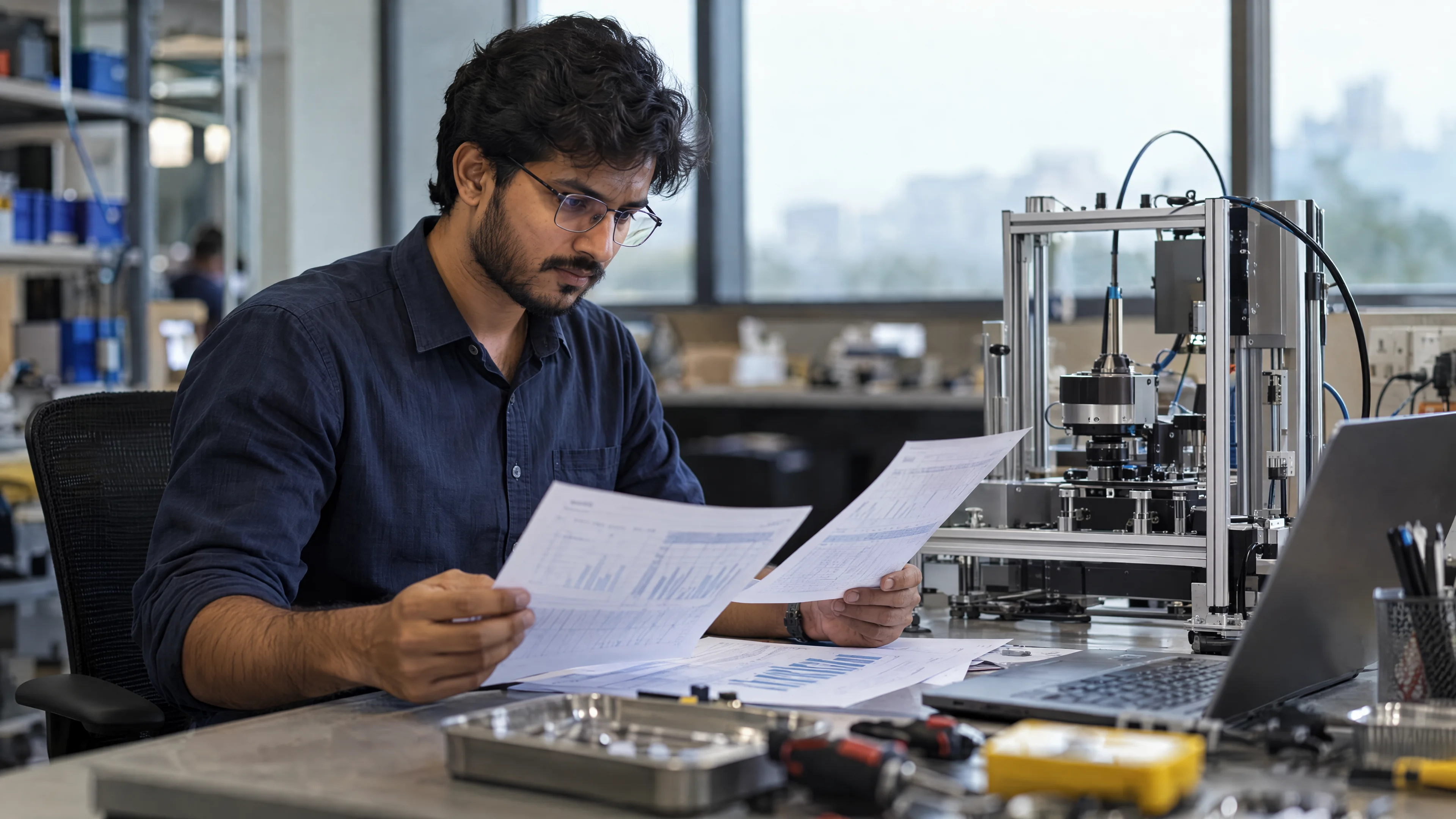 Engineer comparing successive run records beside a test system.
