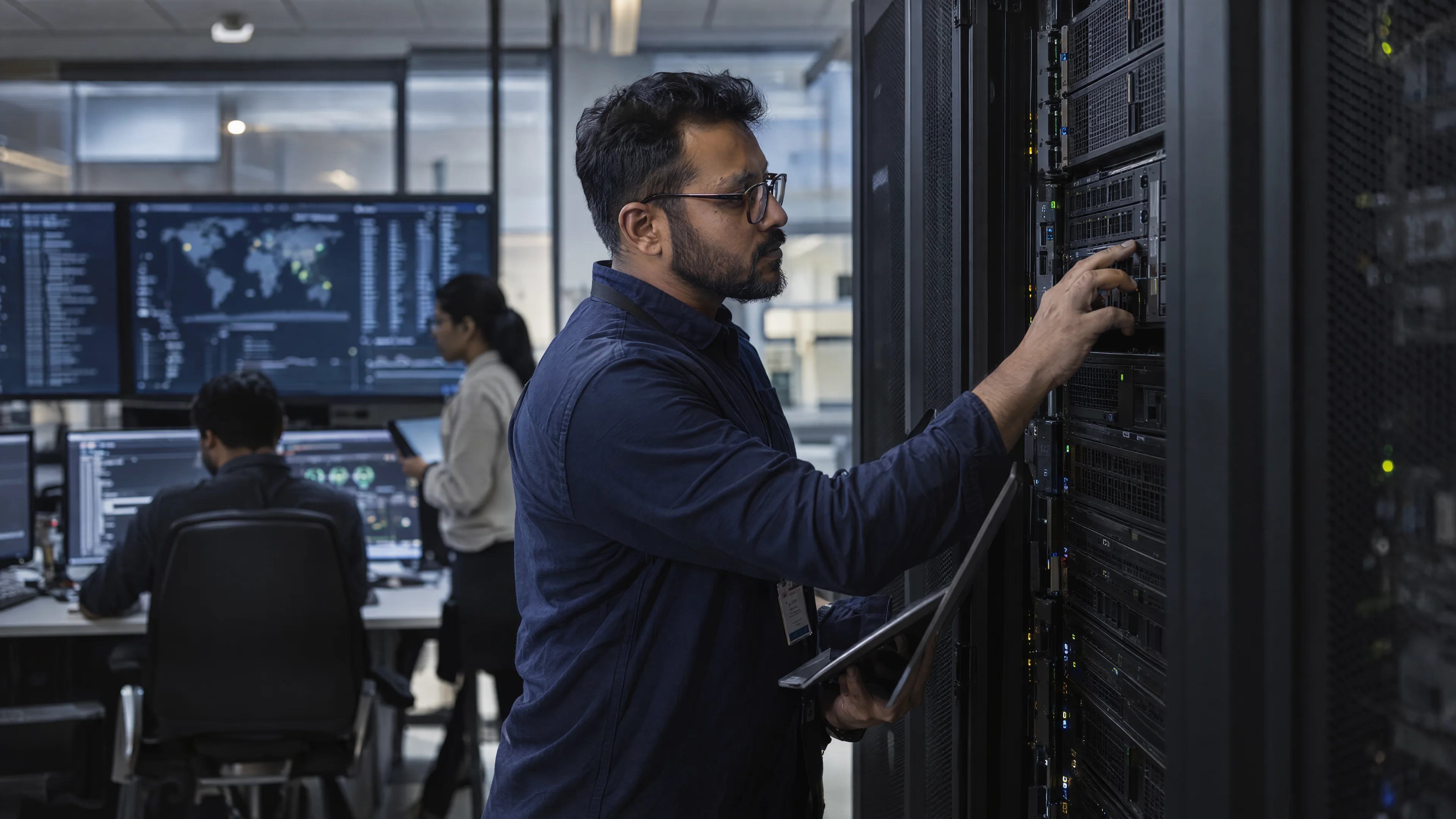 Systems specialist checking storage and event logging equipment.
