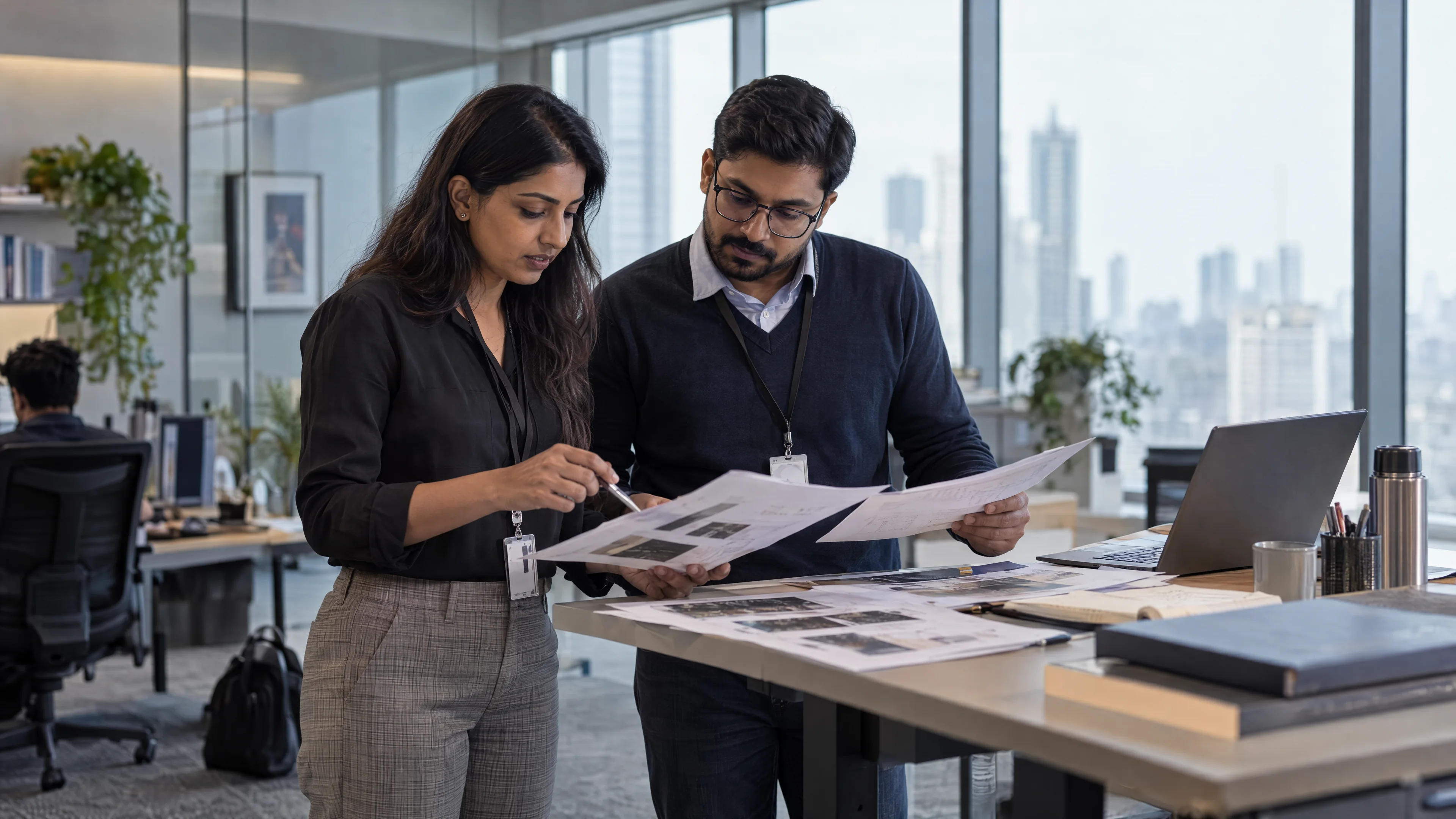 Colleagues comparing annotated evidence sheets at a standing workstation.