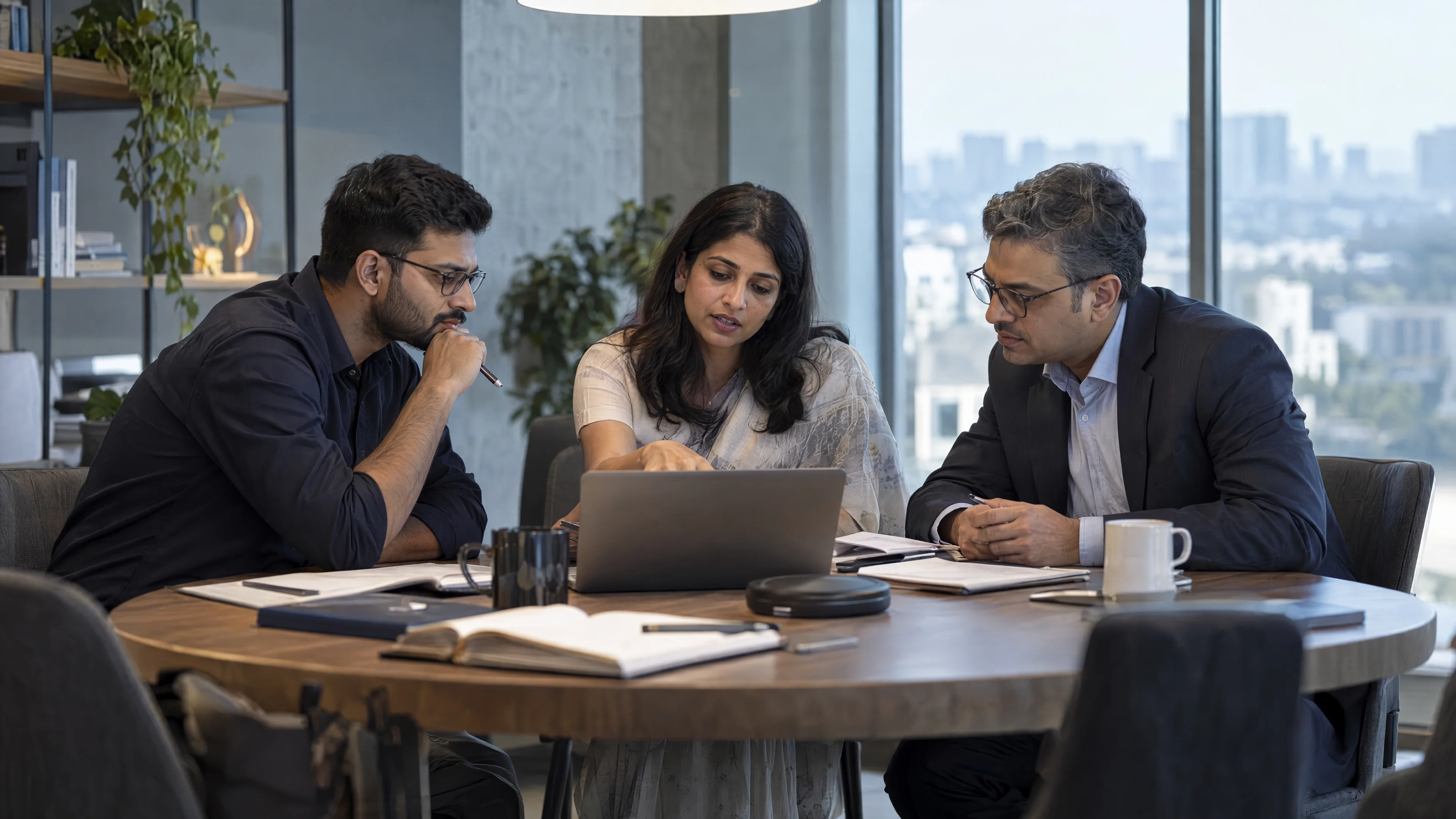 Business and technical specialists reviewing a project around a table.