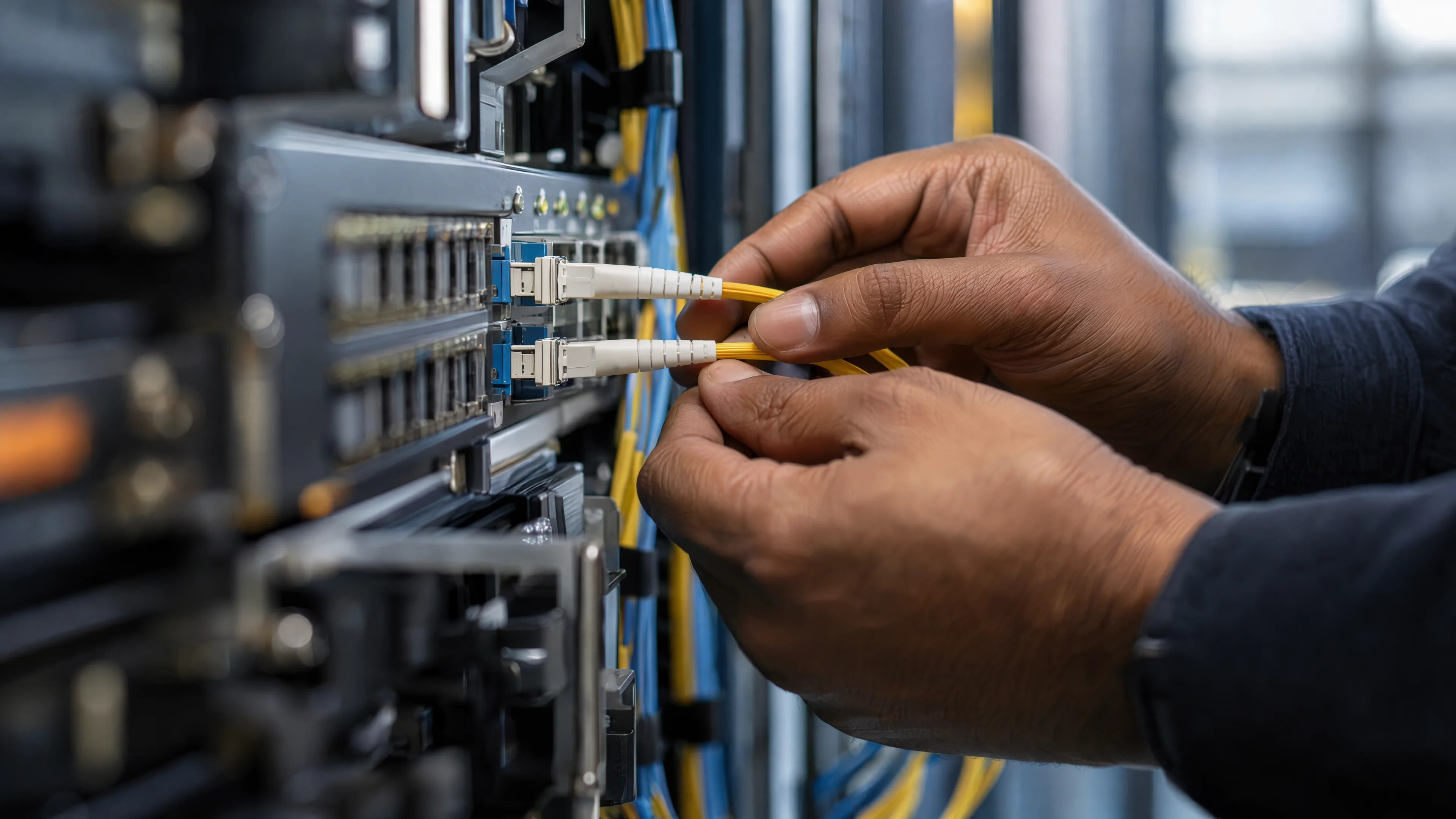 Optical cables connected to a network patch panel.