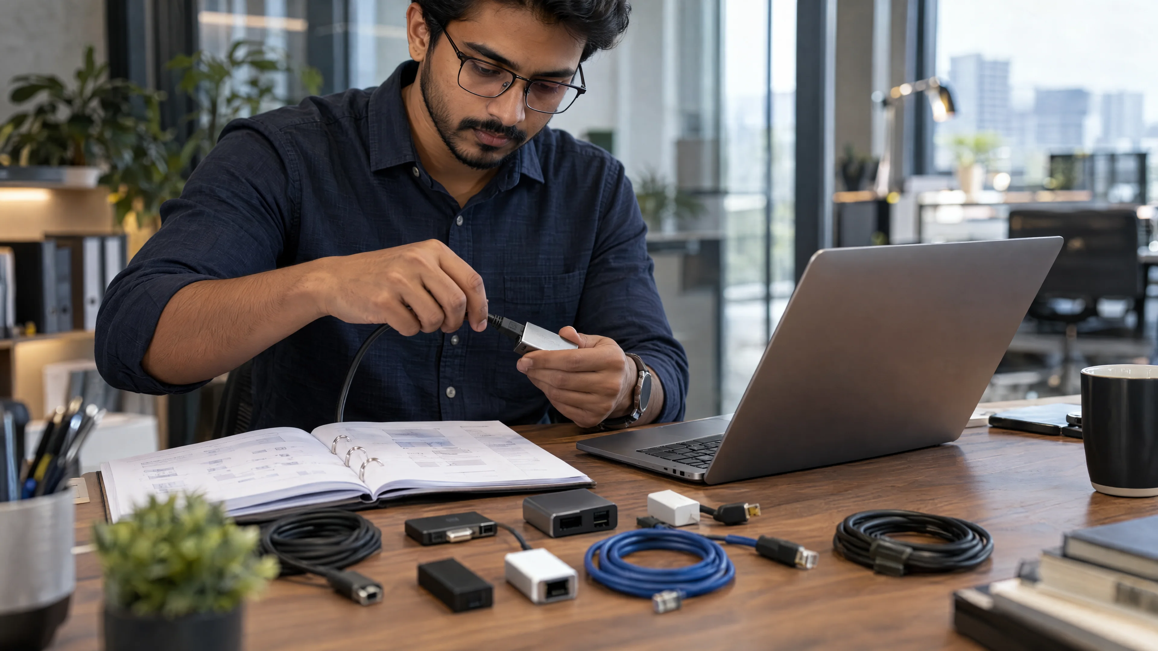 Integration workbench with connectors and an open specification folder.