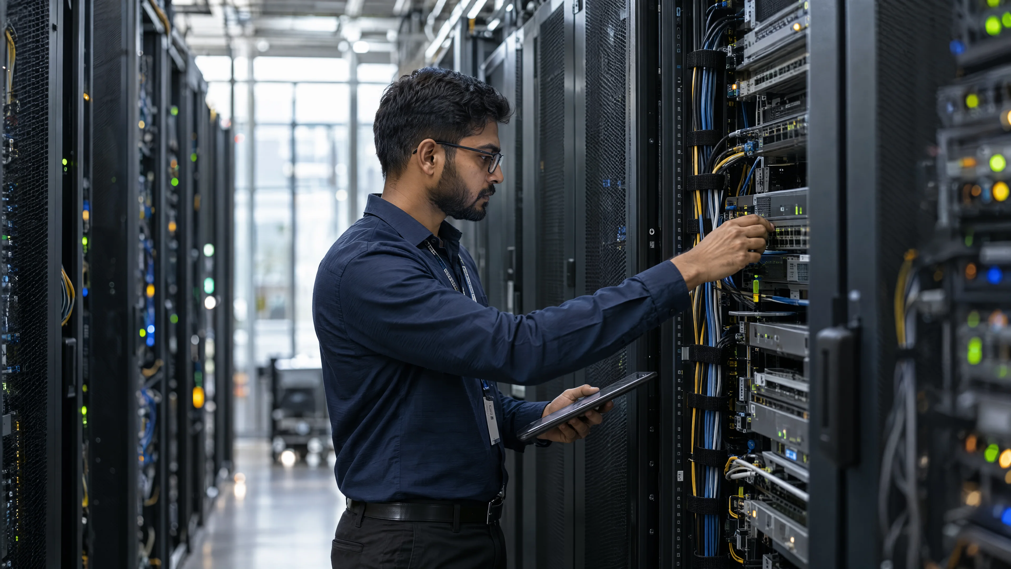 Technician inspecting network and storage interfaces in an equipment aisle.
