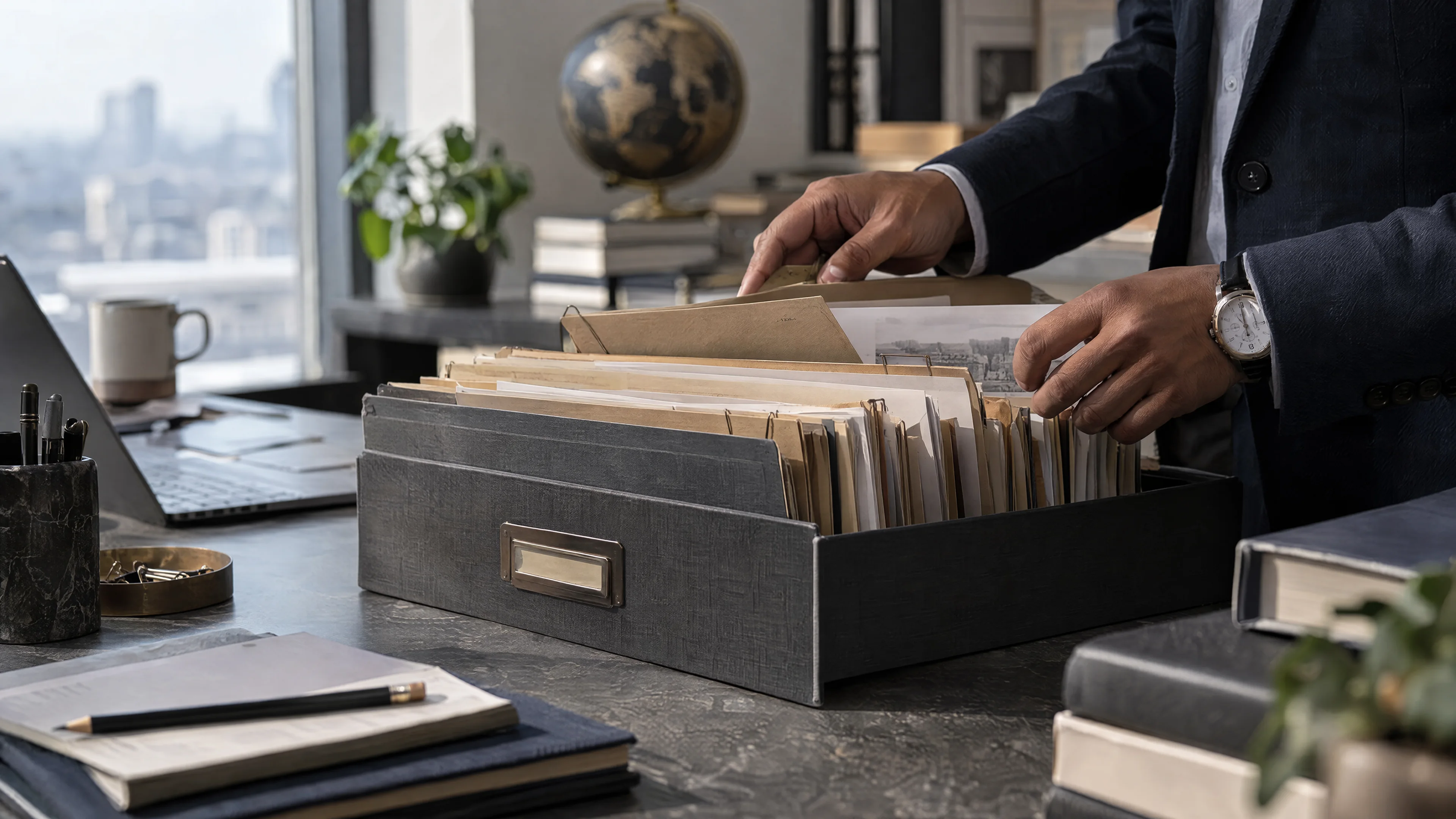 Document tray with source folders and a pencil.