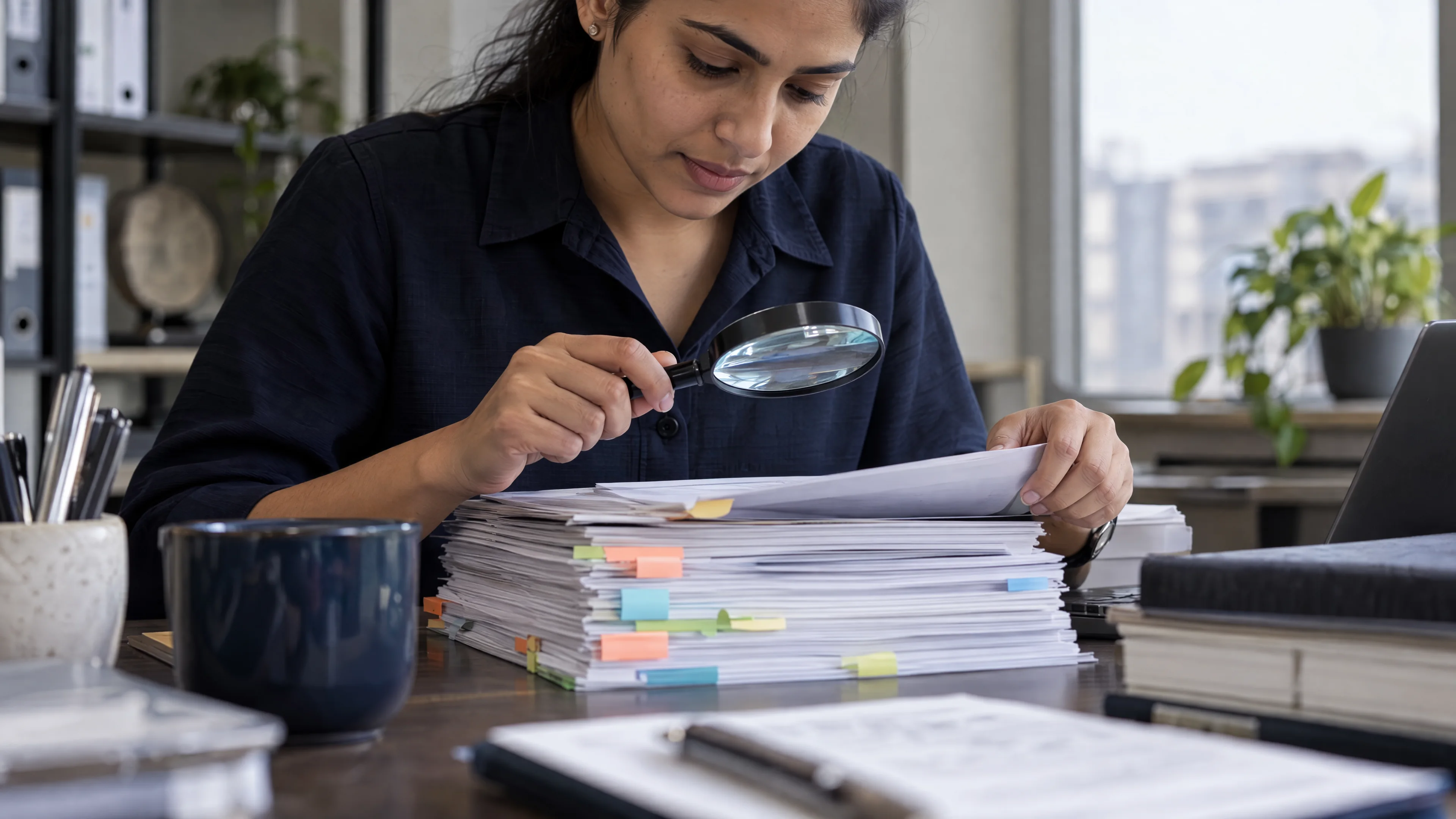 Paper records organised with index tabs beside a magnifying glass.