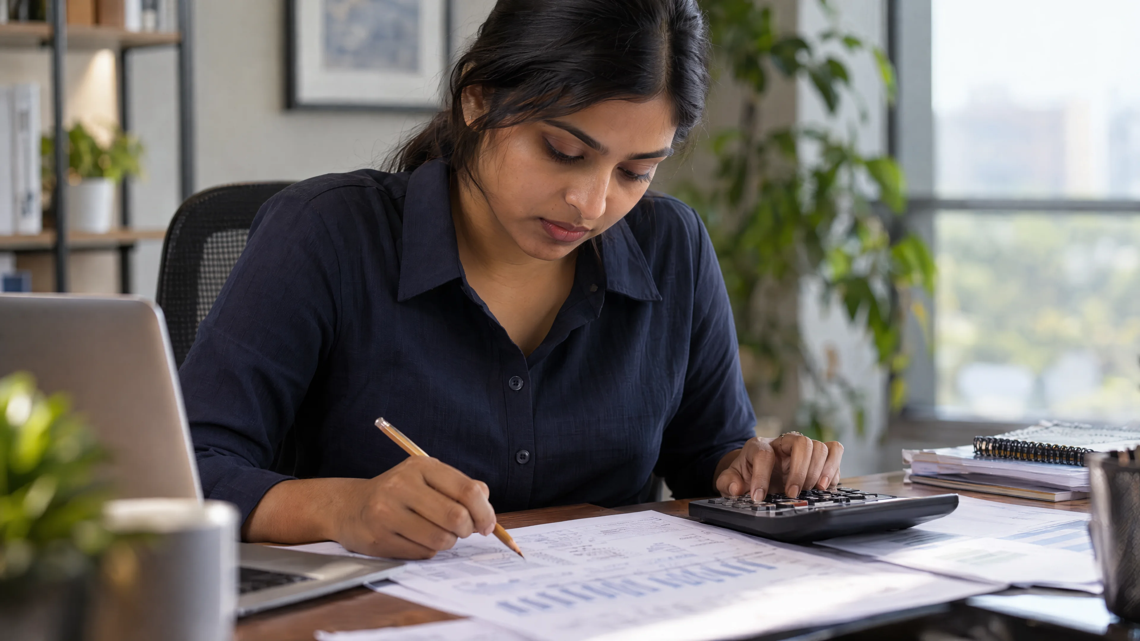 Reviewer checking report totals with a pencil and calculator.