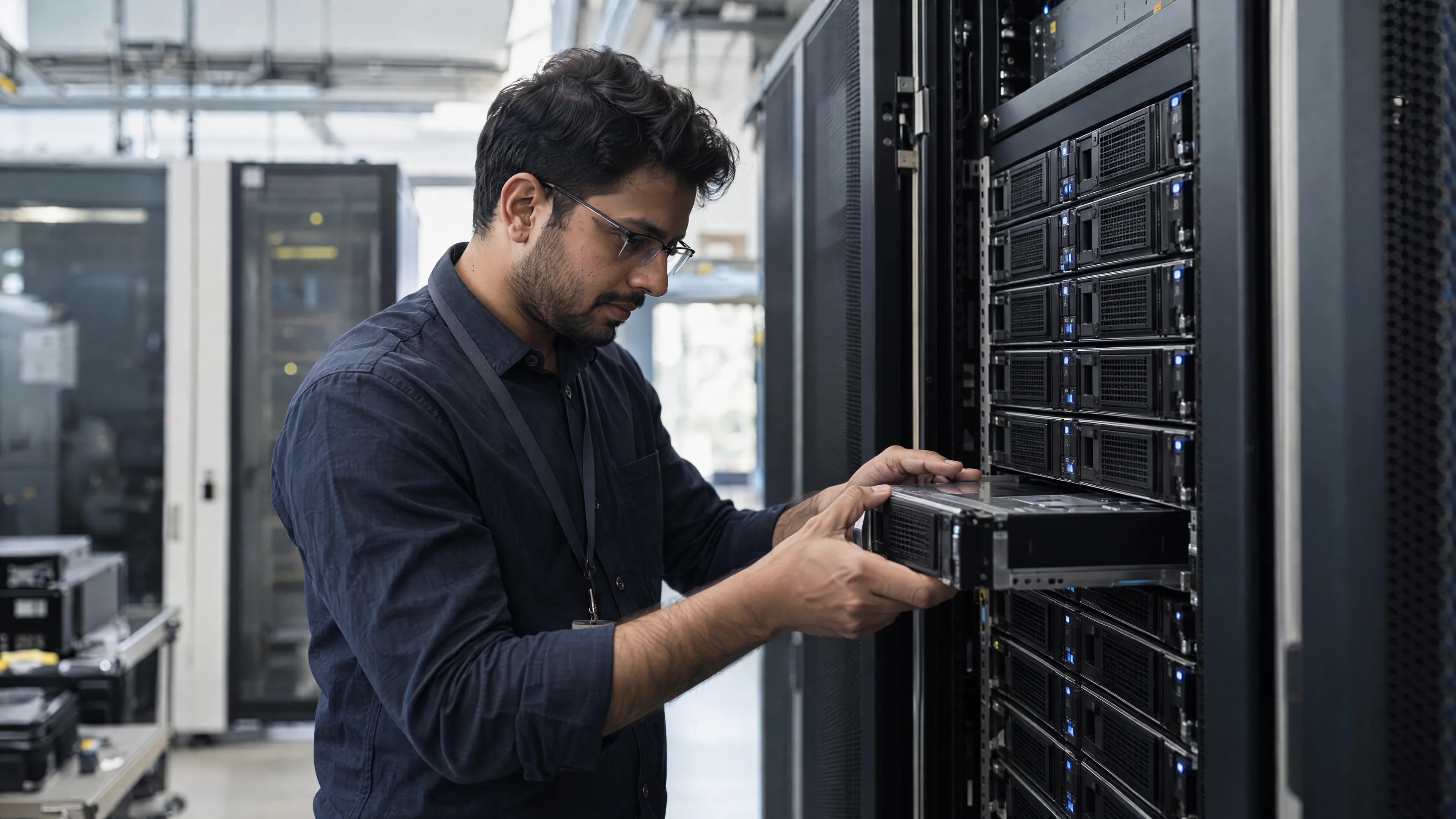 Database specialist inspecting storage appliances in an equipment room.