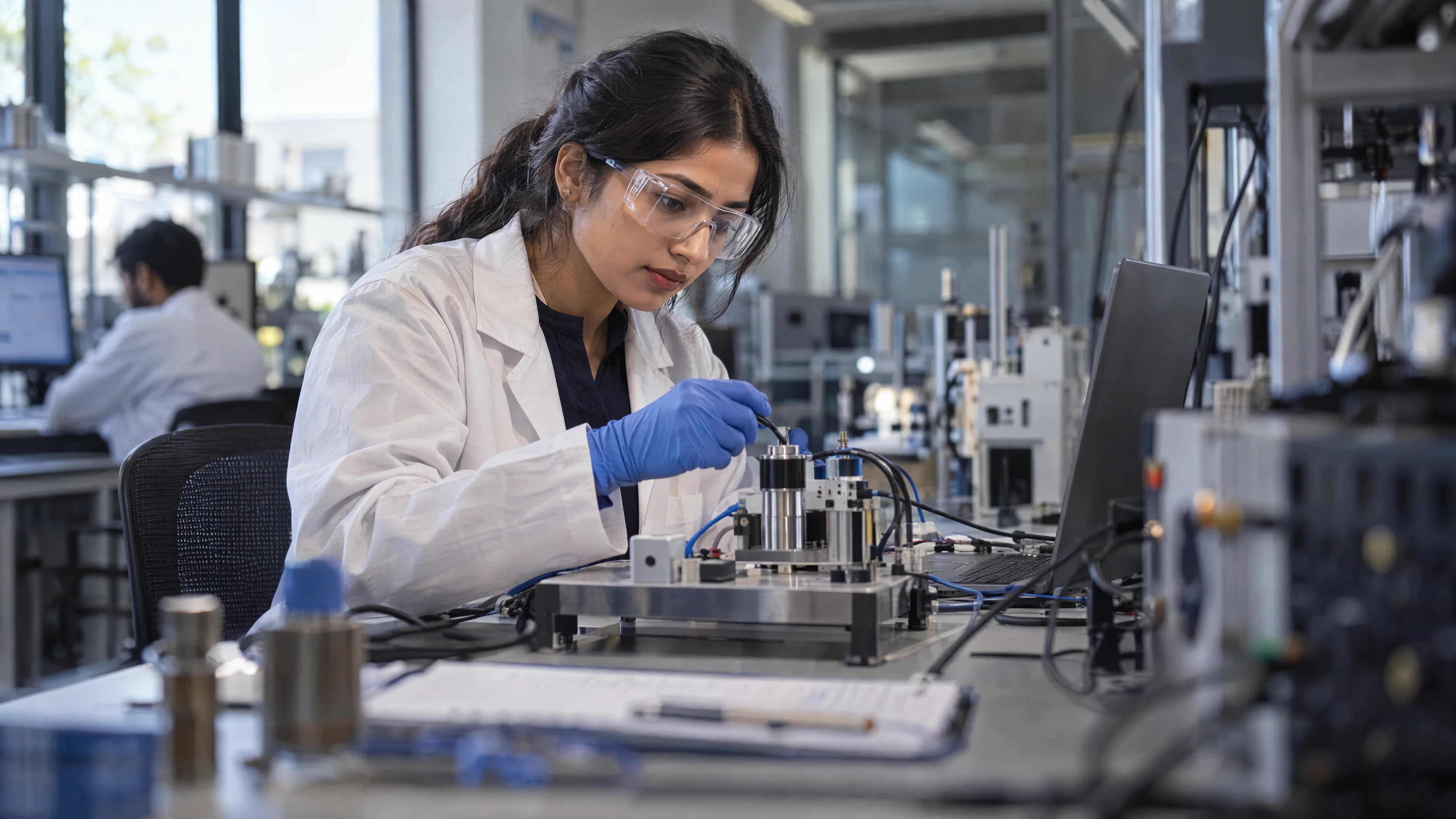 Research specialist reviewing sensor measurements at a workbench.