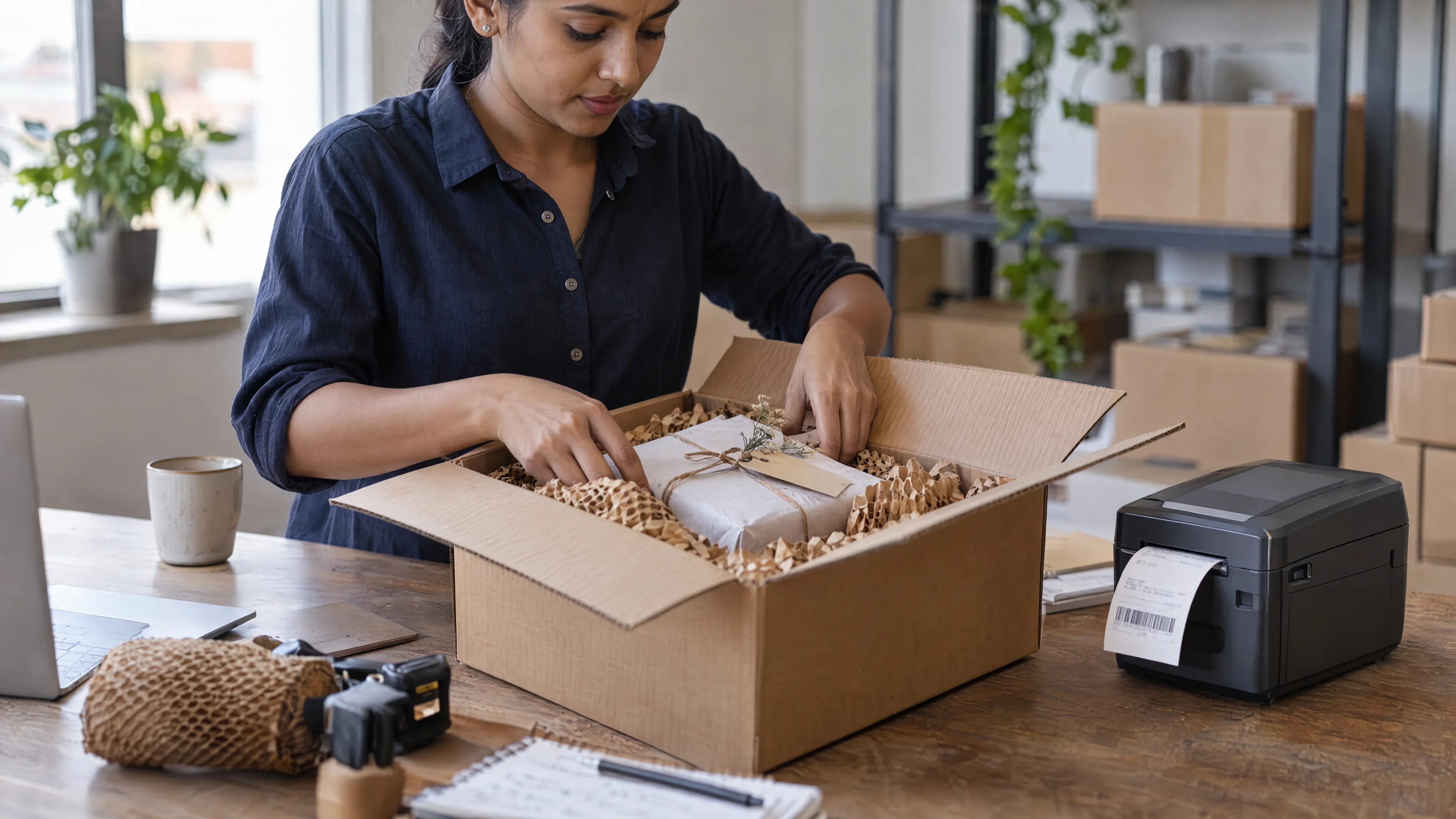 Packed shipping box beside a label printer.