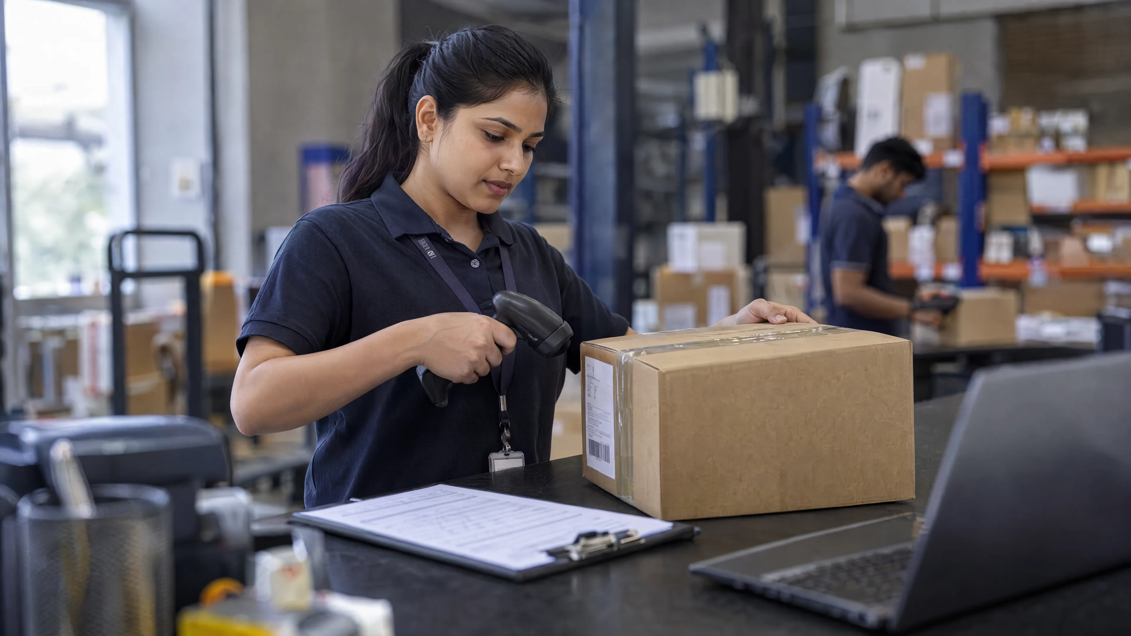 Handheld scanner checking a carton beside an order document.