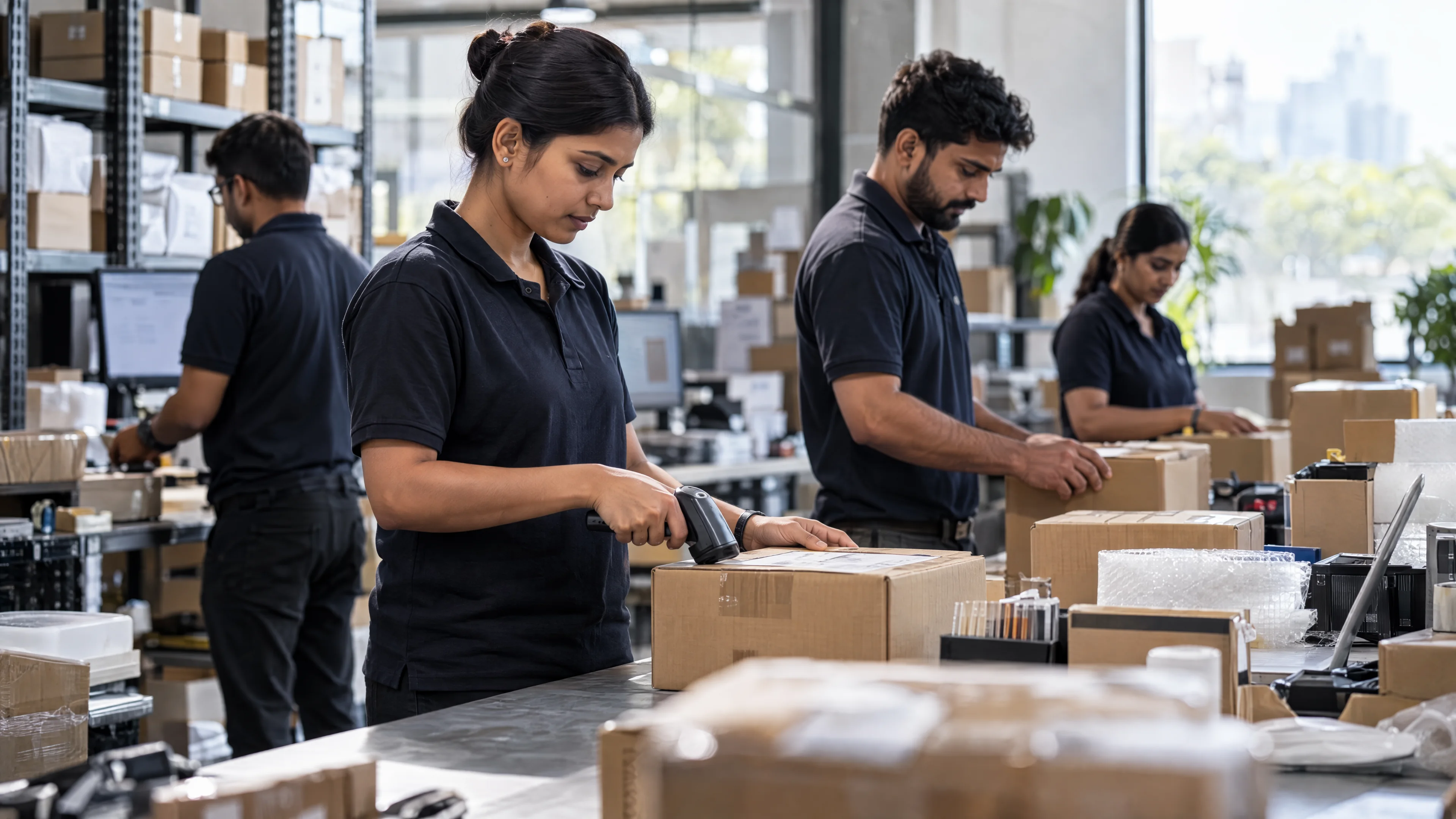 Fulfilment team checking parcels at a dispatch station.