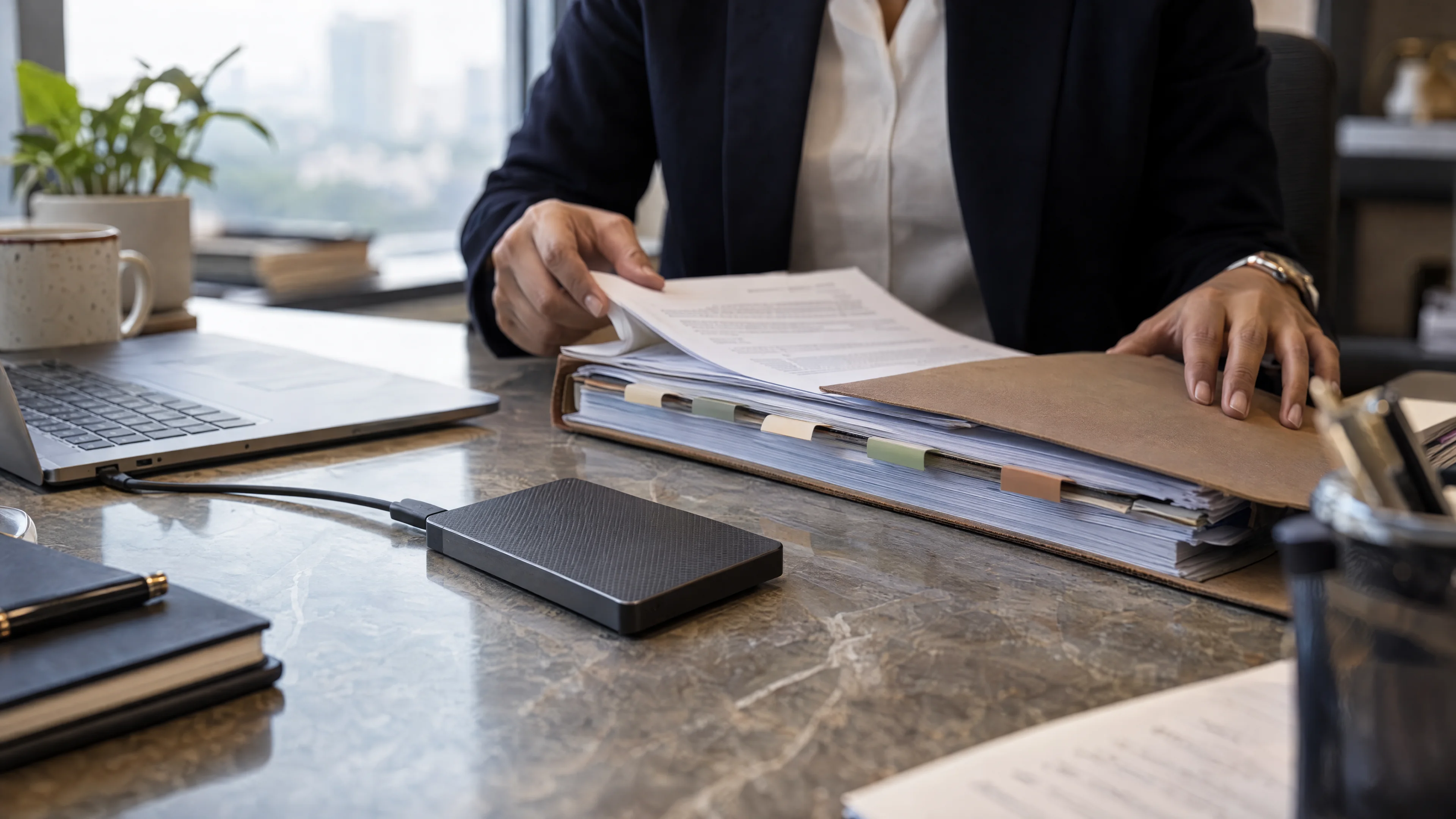 External drive beside a tabbed source document folder.