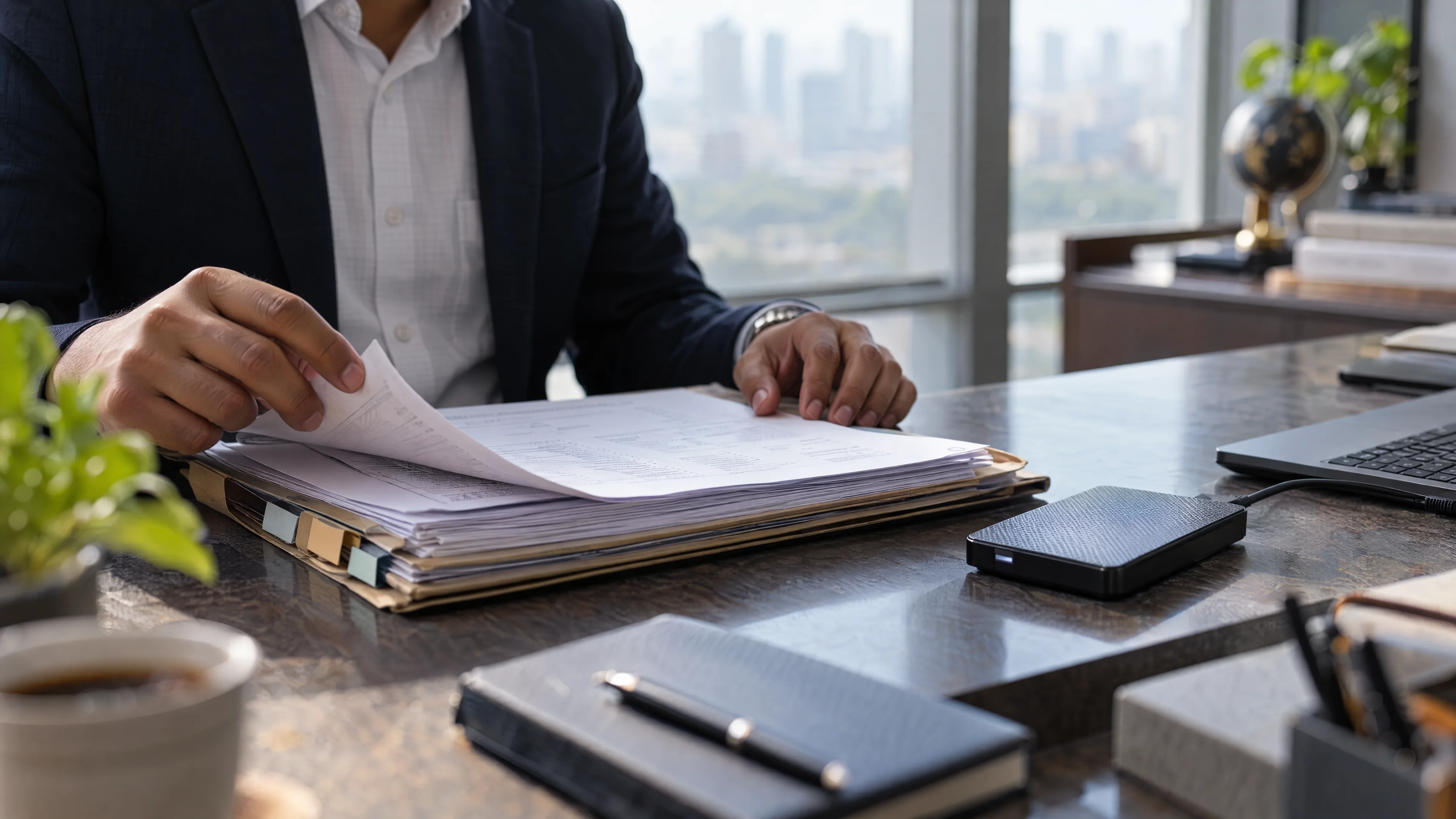 Reviewer checking a folder manifest beside an external storage device.