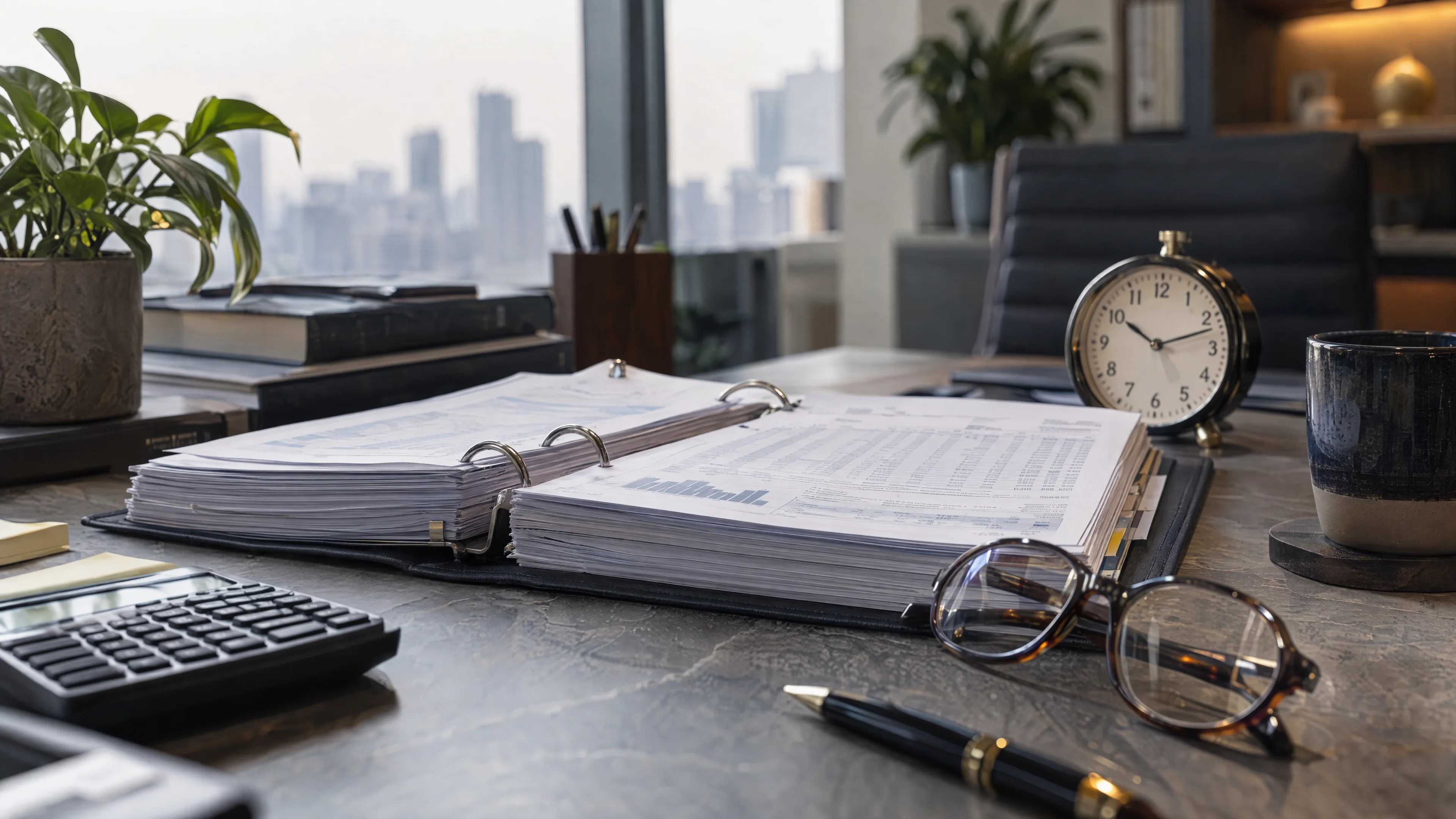 Accounting binder, desk clock and reading glasses.