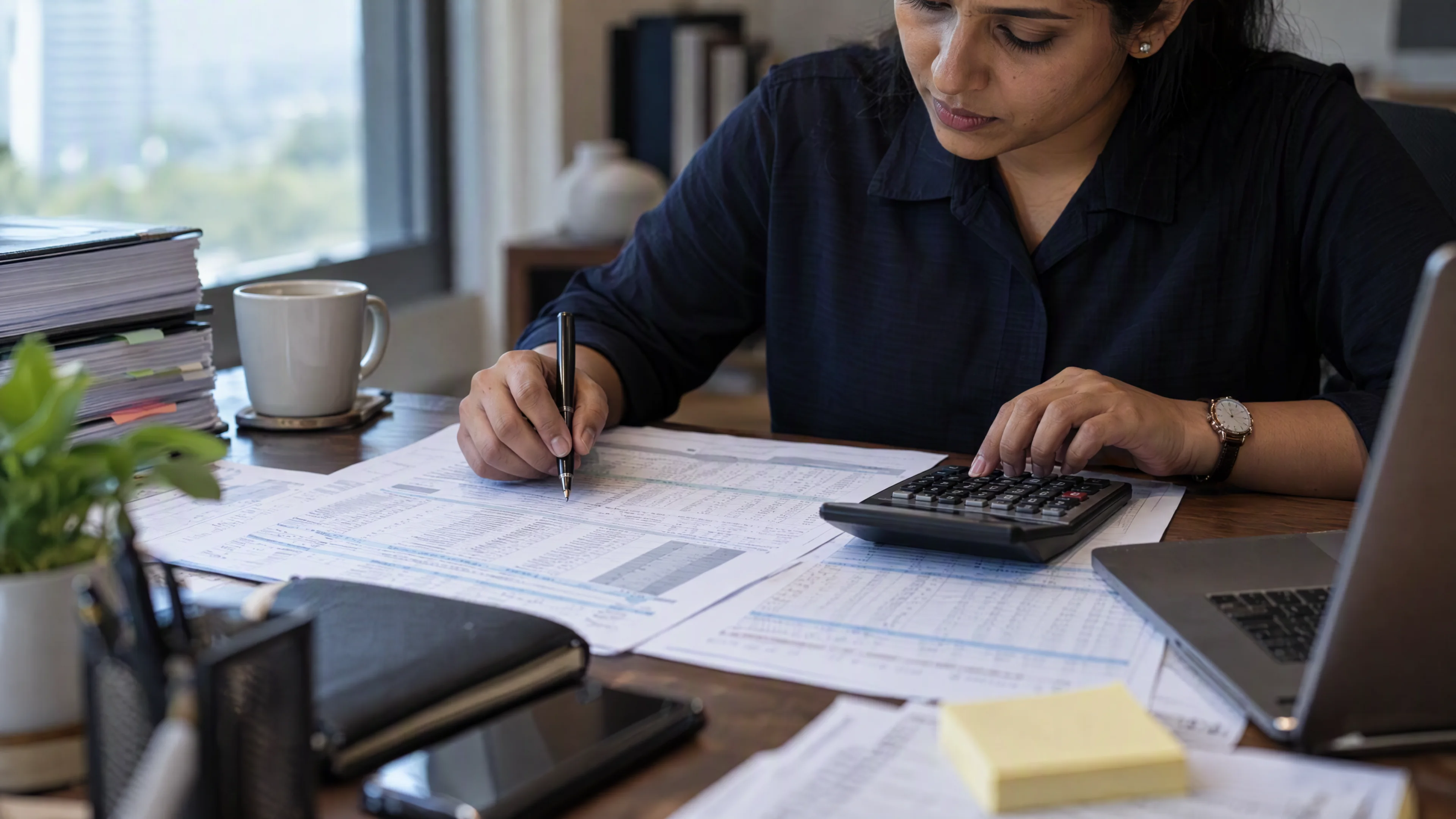 Ledger printouts and calculator arranged for reconciliation.
