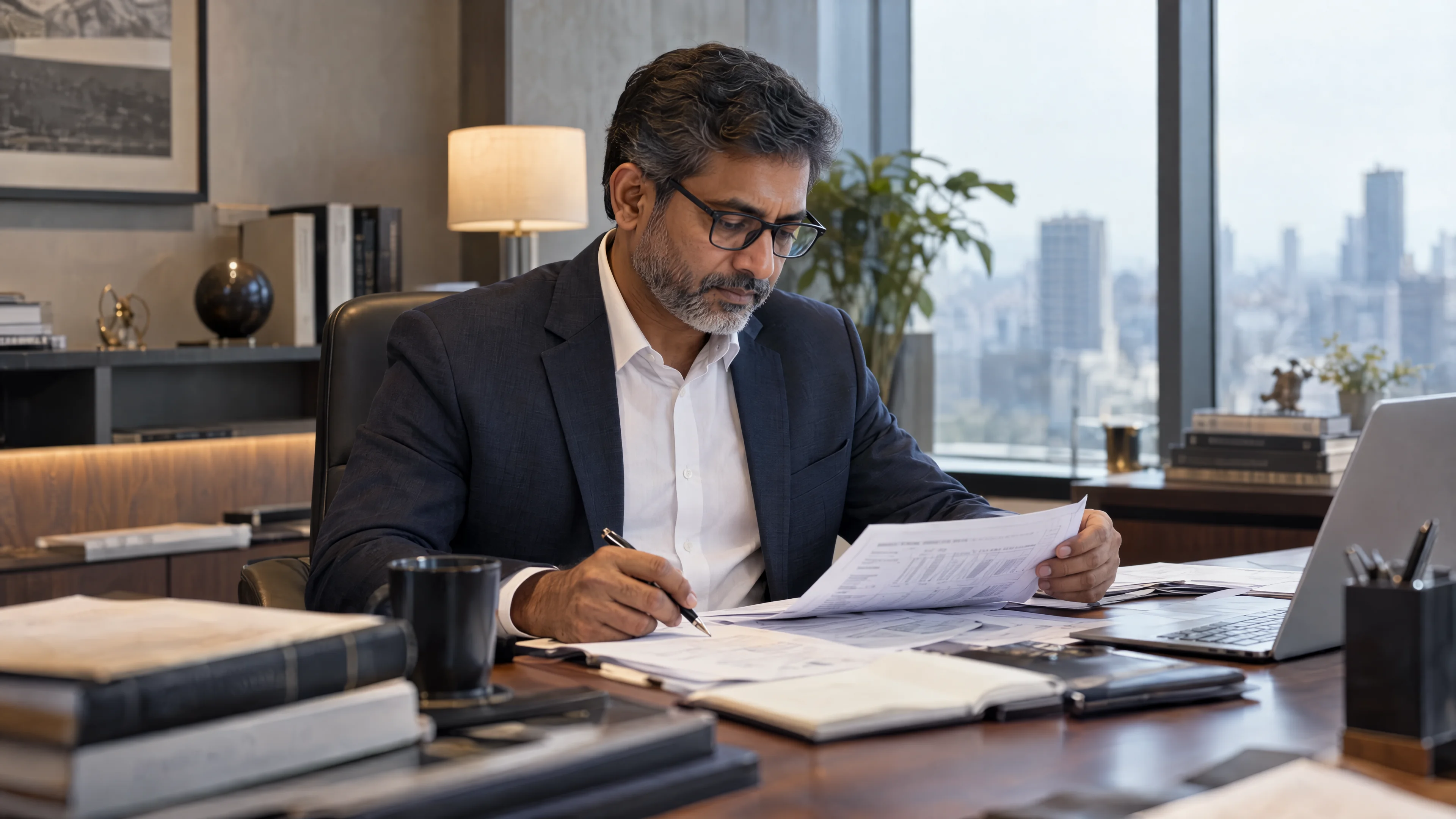 Finance specialist reviewing accounting records in an office.