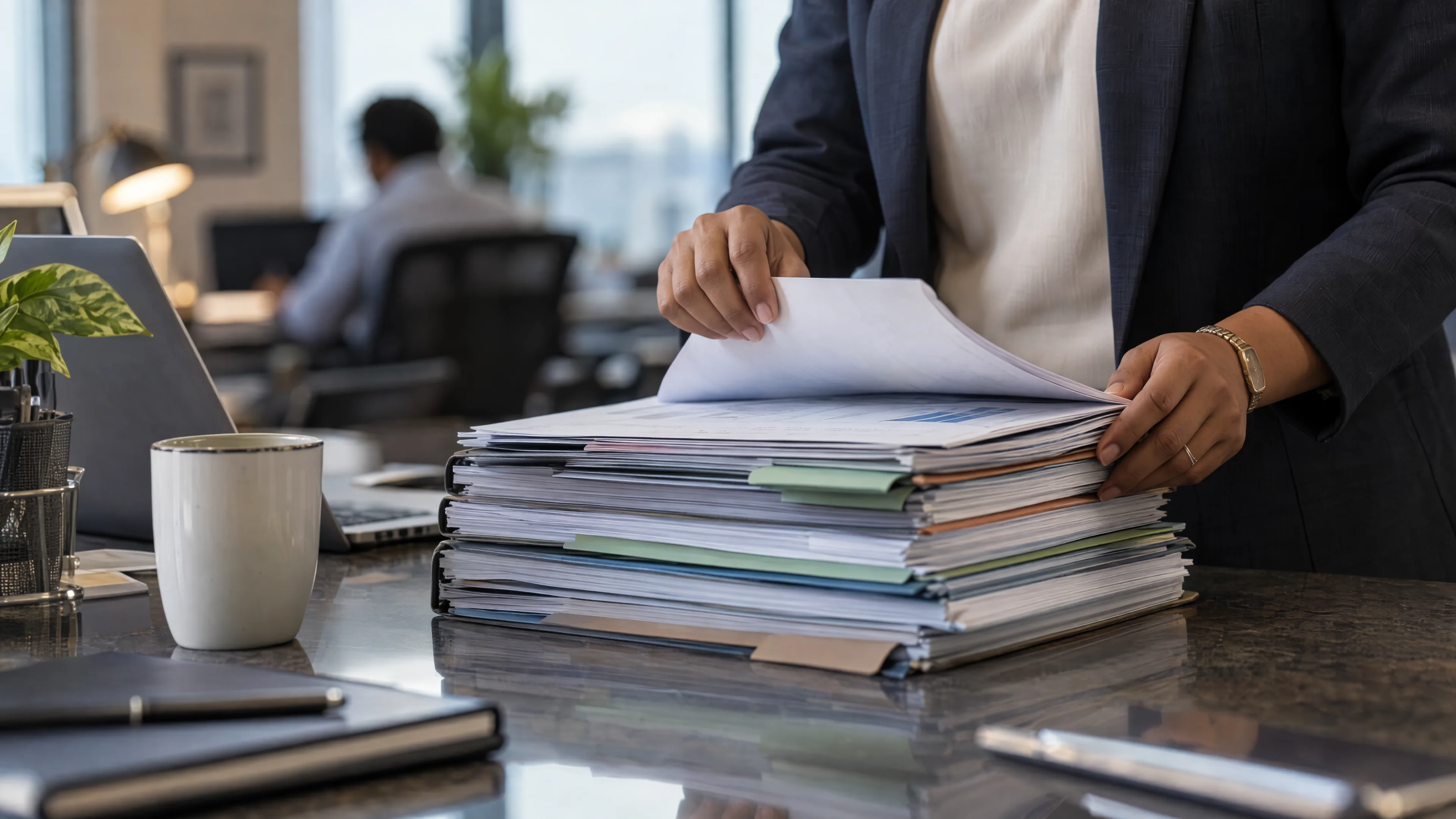 Reviewed reporting folders arranged with coloured dividers.