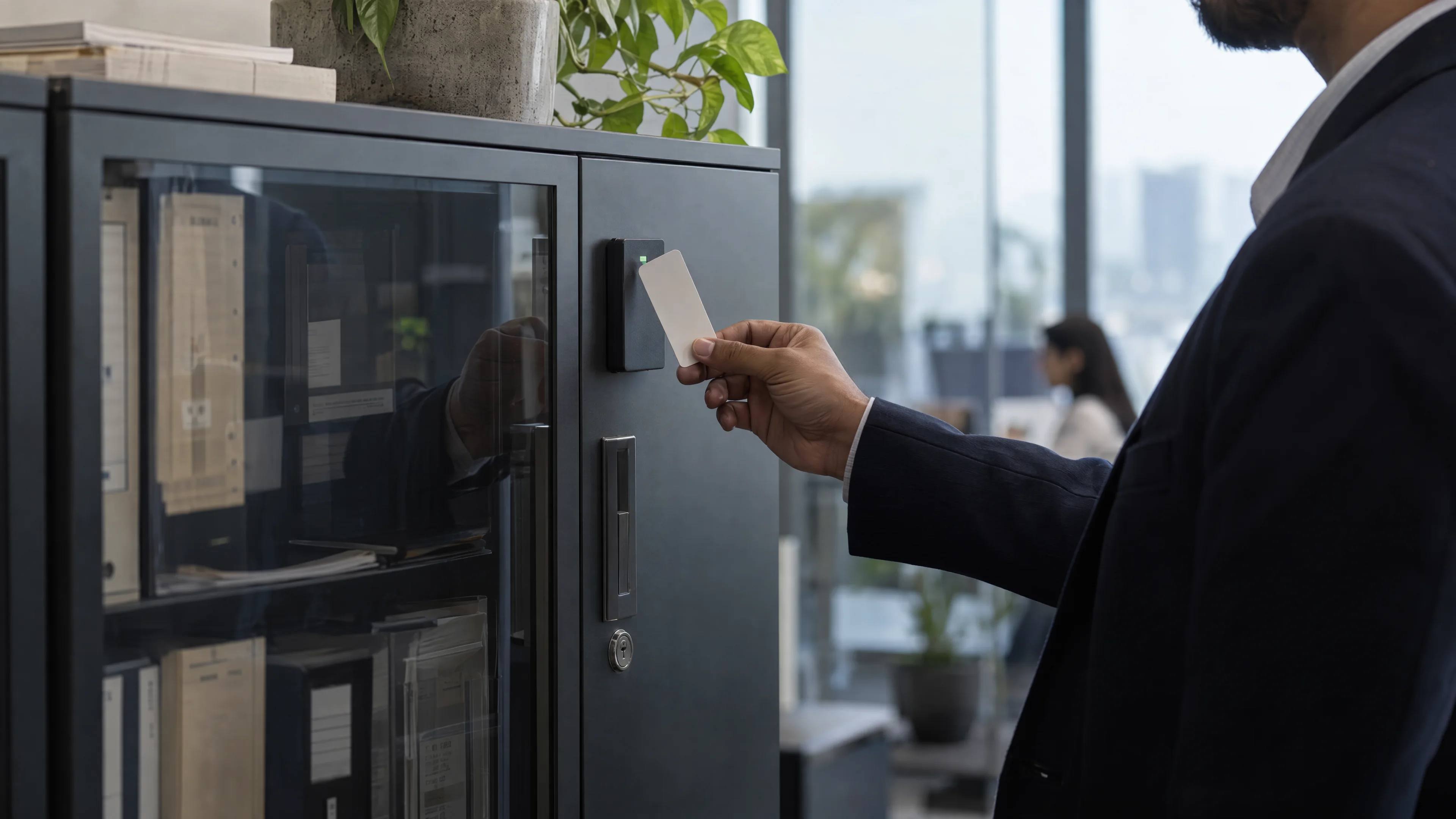 Locked document cabinet with an access badge reader.