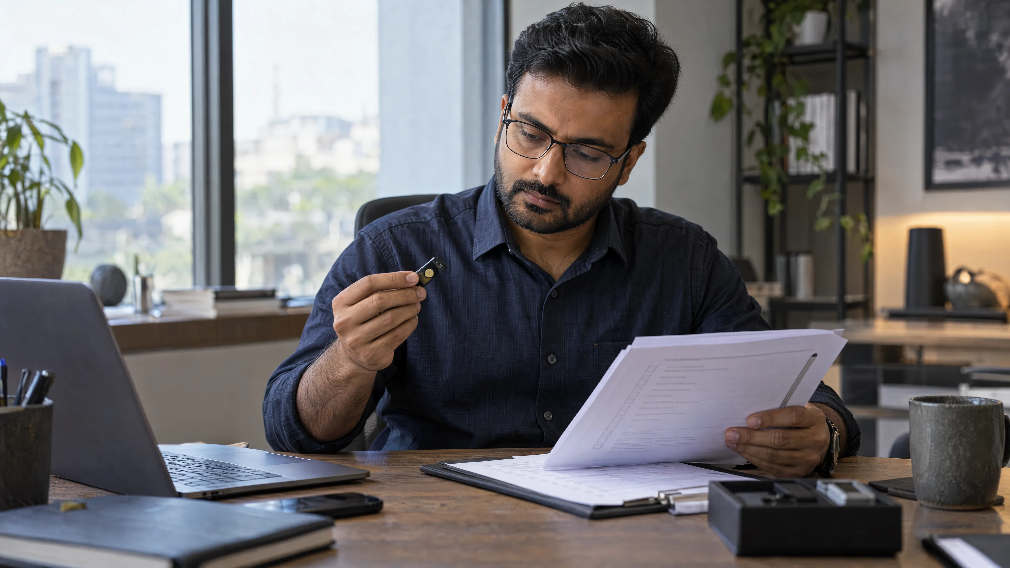 Reviewer checking a hardware security key against an access checklist.