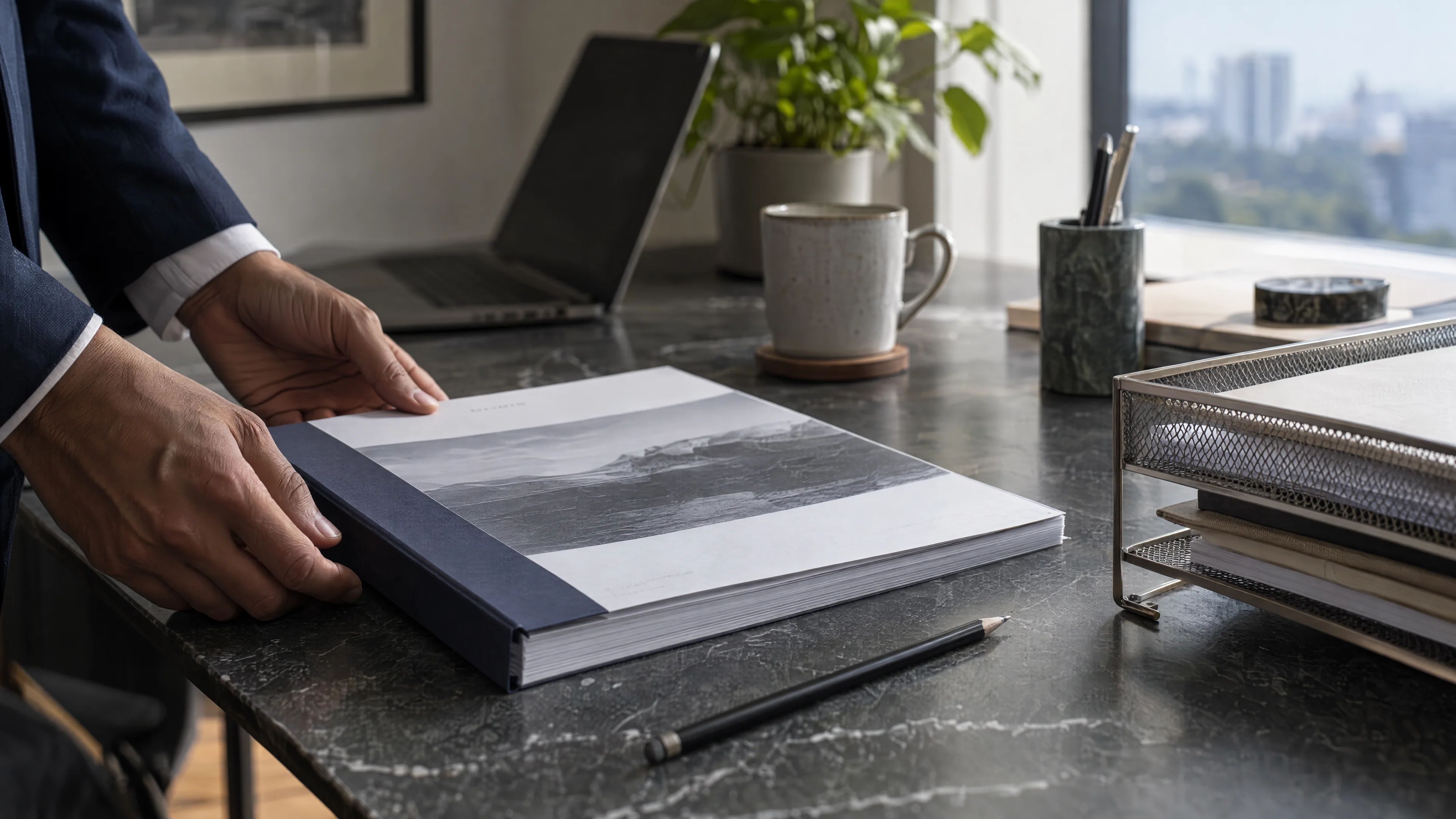 Bound report, pencil and metal document tray.