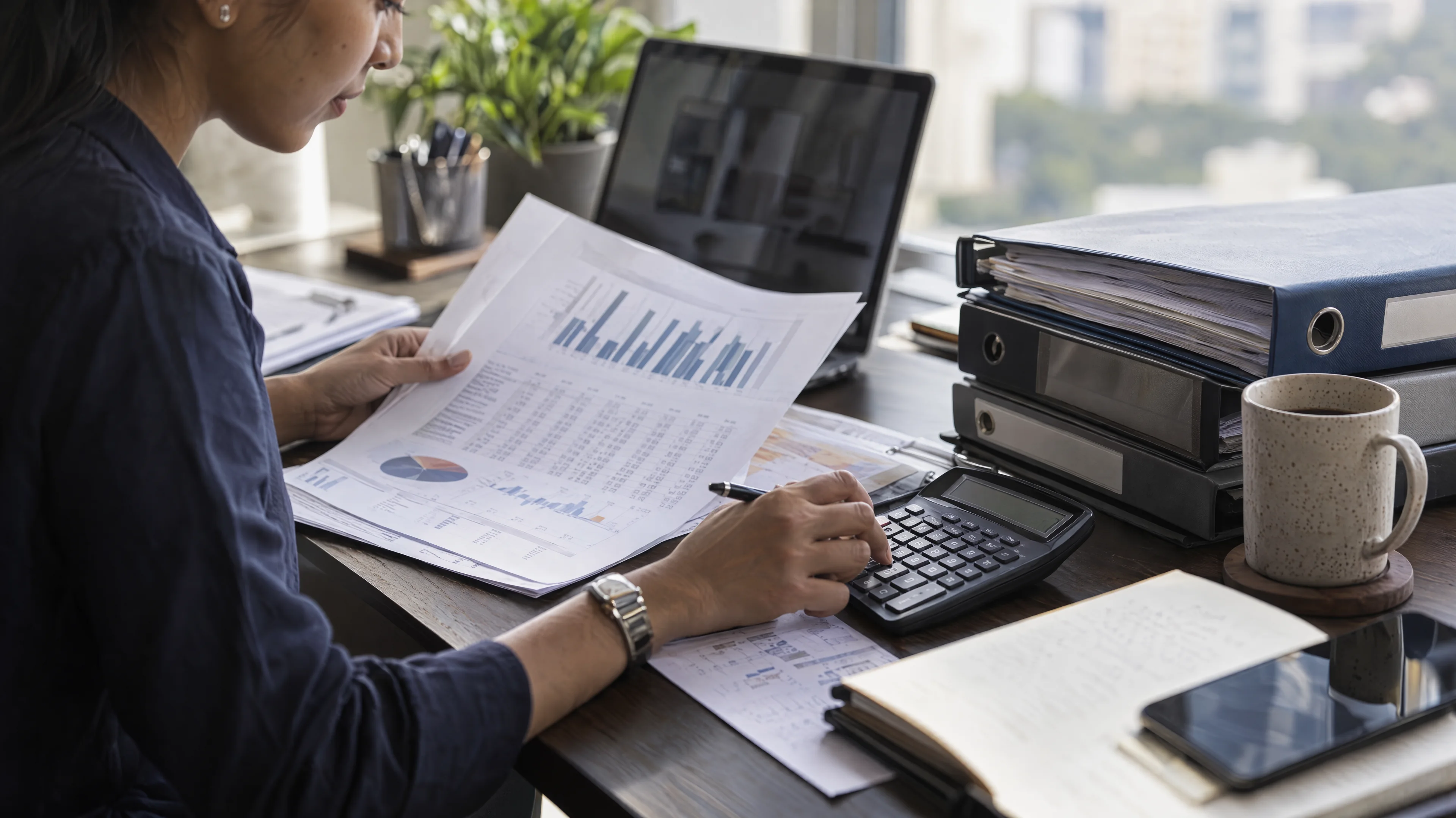 Reviewer reconciling report figures against source documents.