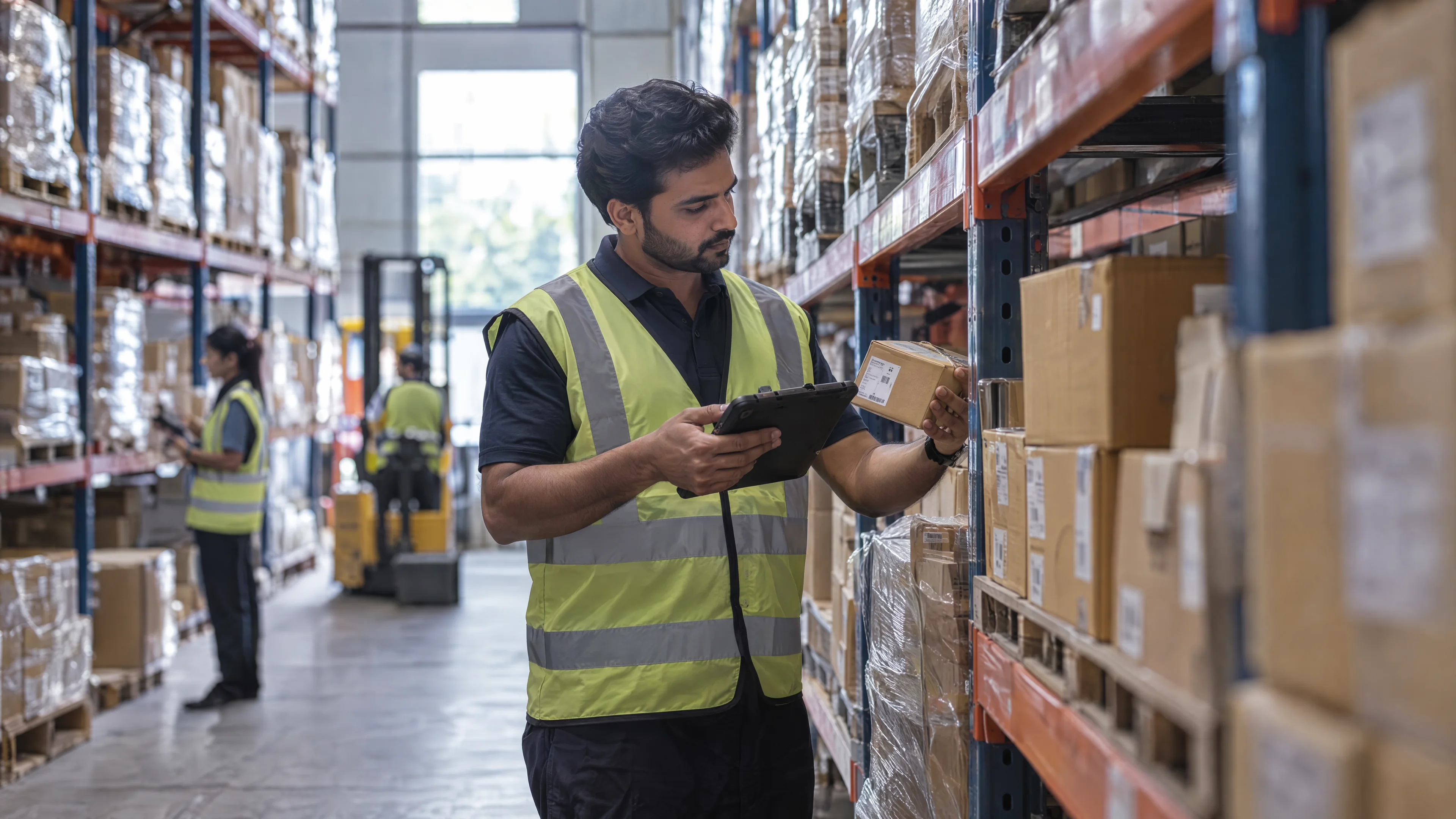 Stock controller investigating an inventory difference in a warehouse aisle.