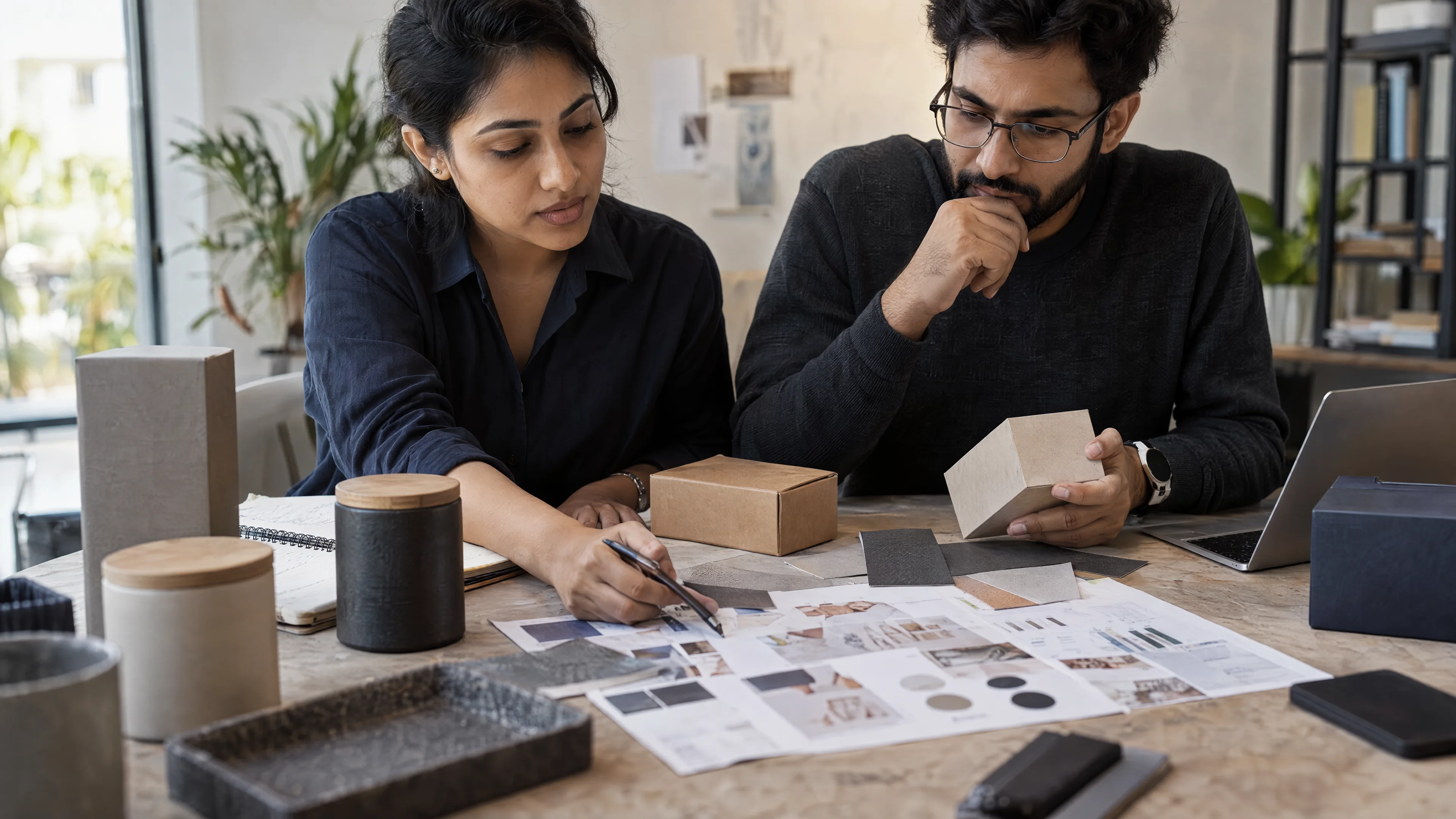 Packaging samples and research cards on a tabletop.