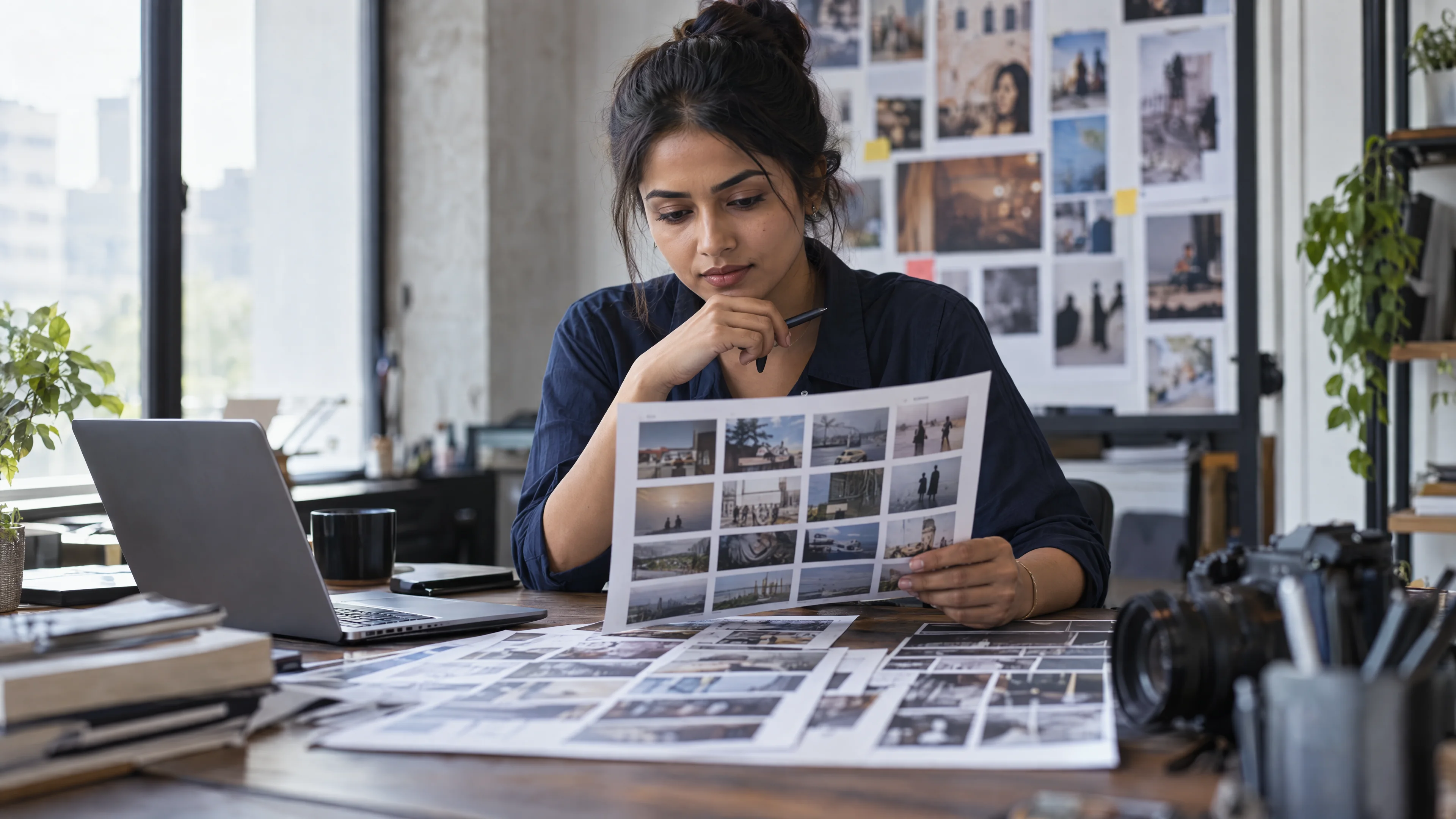 Marketing specialist reviewing a contact sheet of campaign photographs.