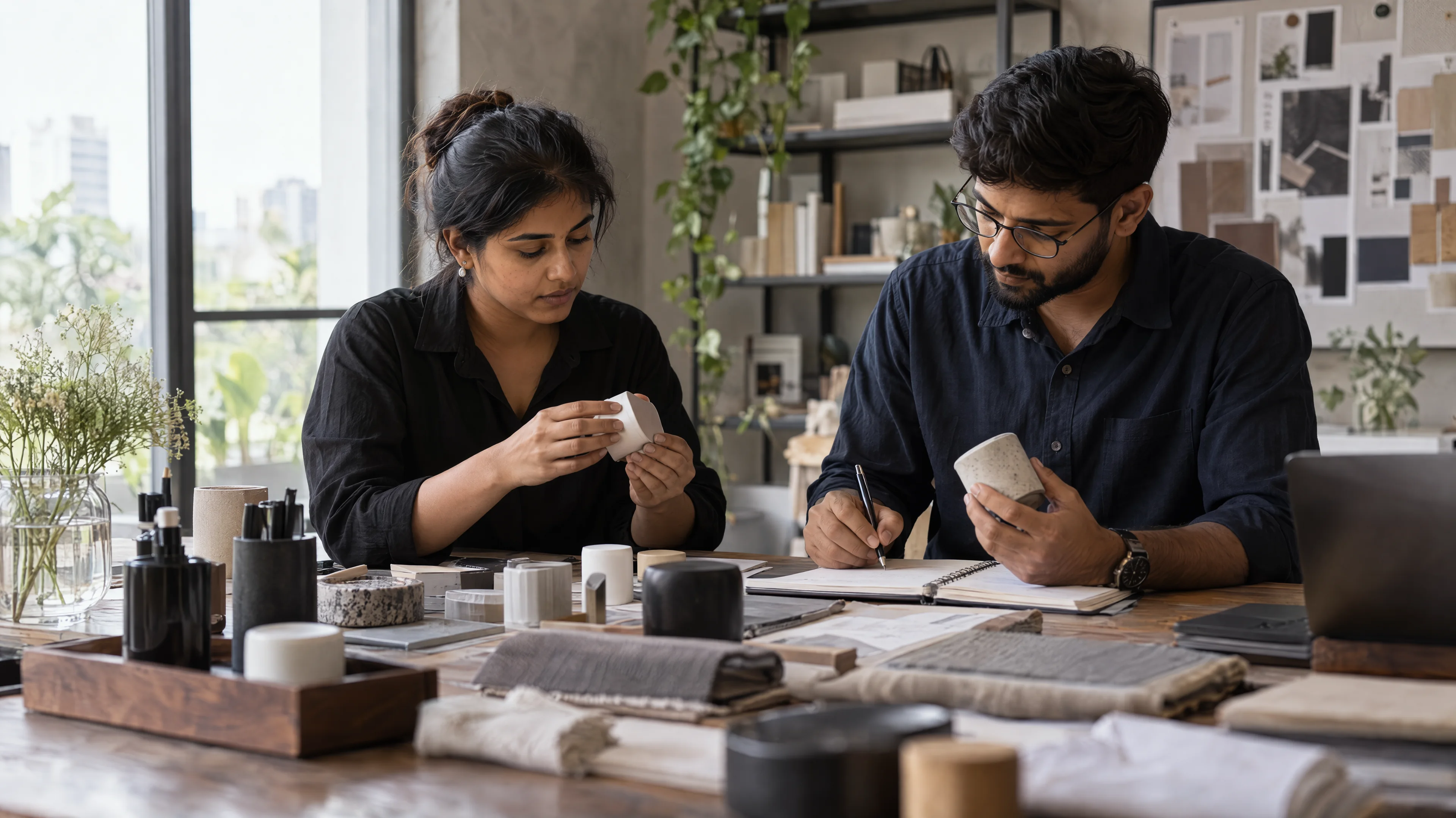 Researchers reviewing product samples and customer research notes.
