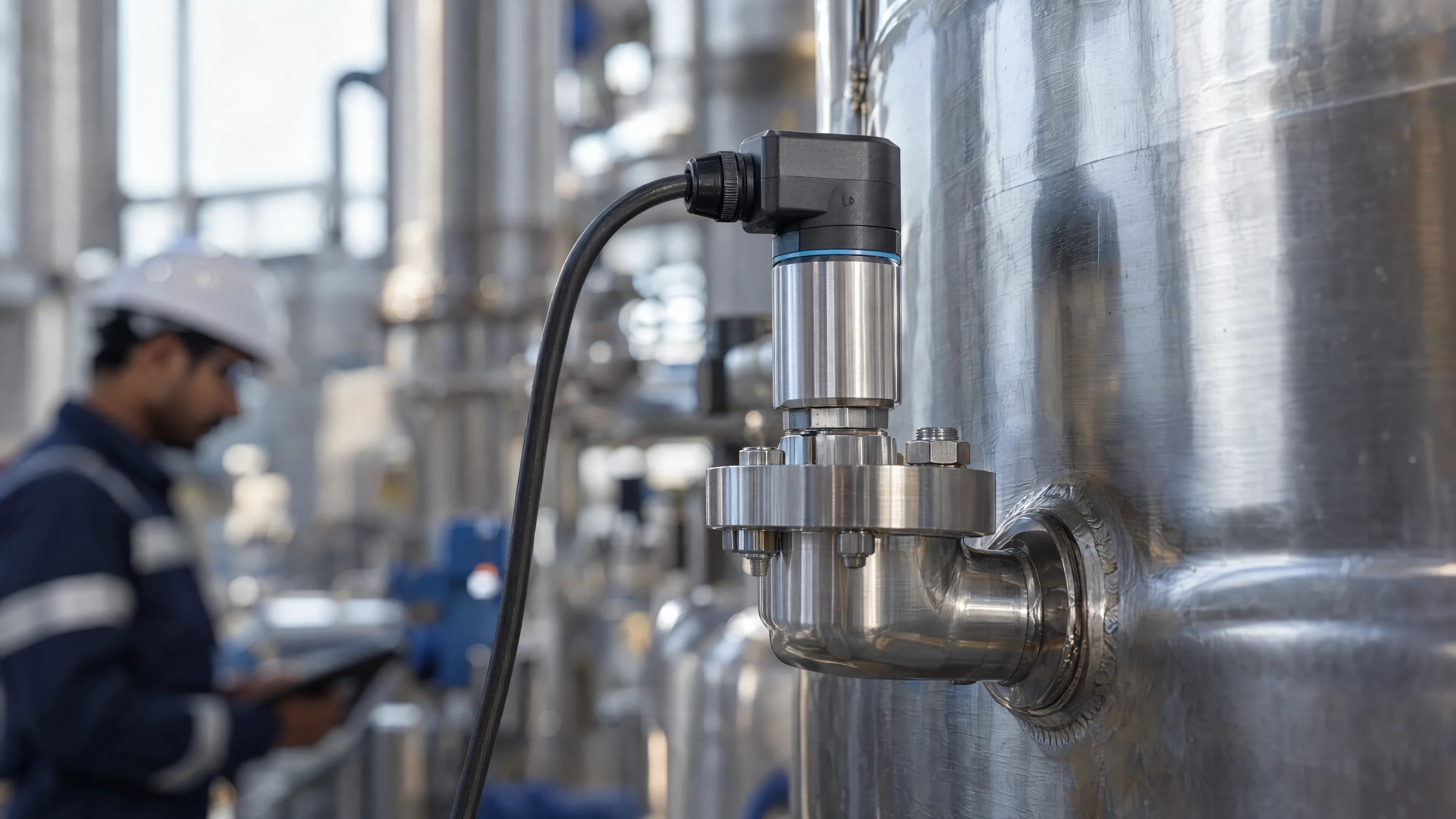 Industrial sensor mounted on metal machinery.