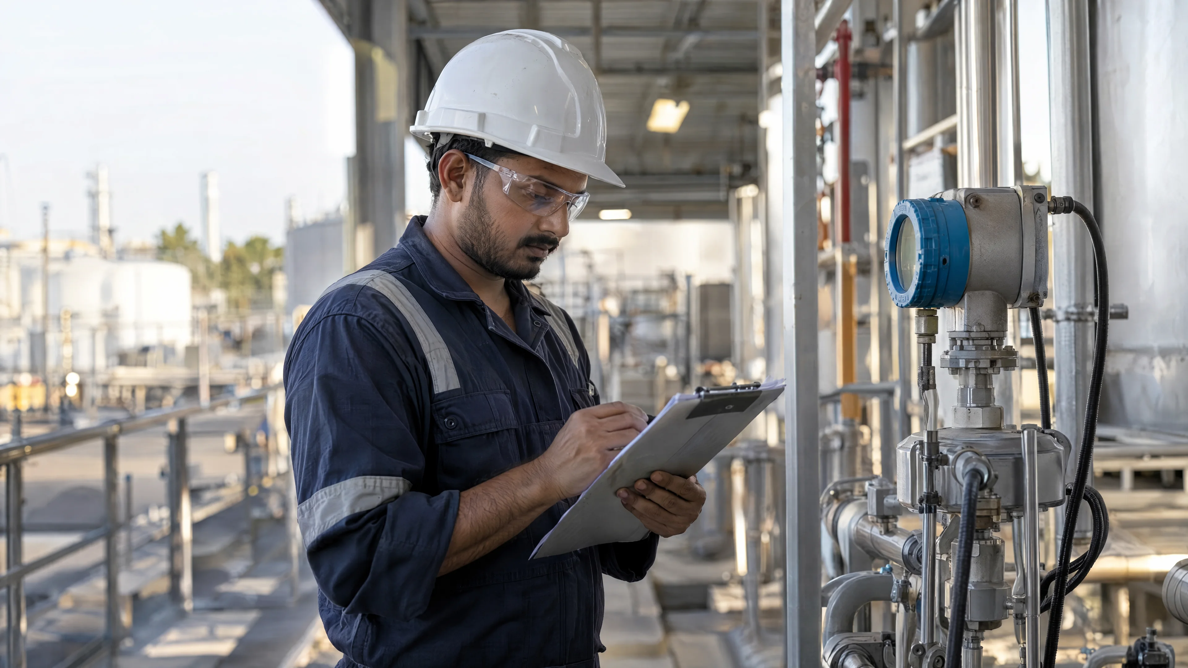 Maintenance technician reviewing a service checklist beside an industrial sensor.