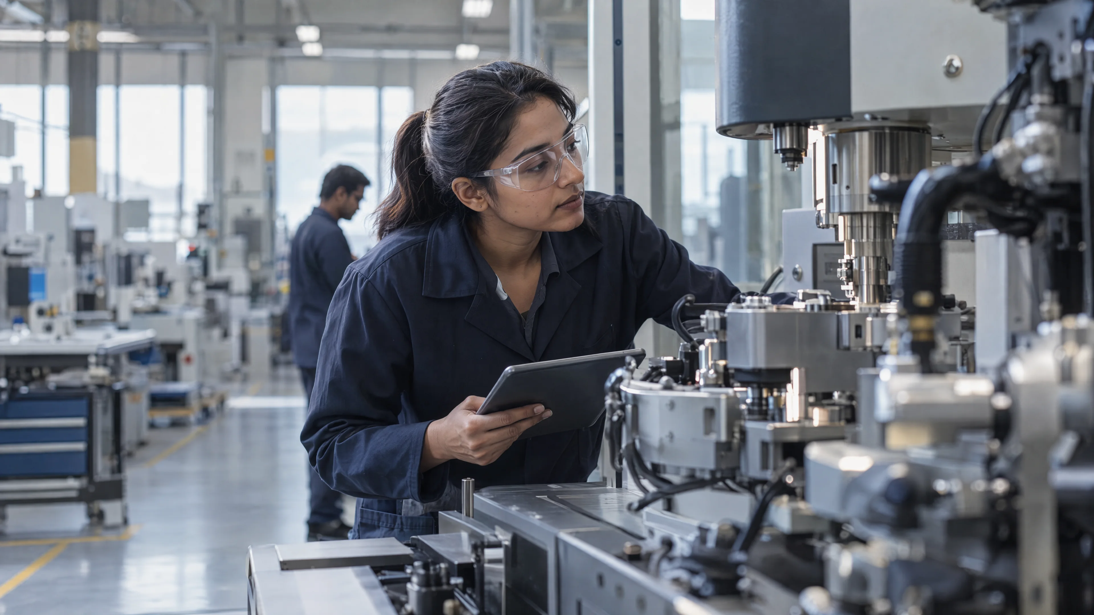 Process specialist inspecting equipment on a manufacturing floor.