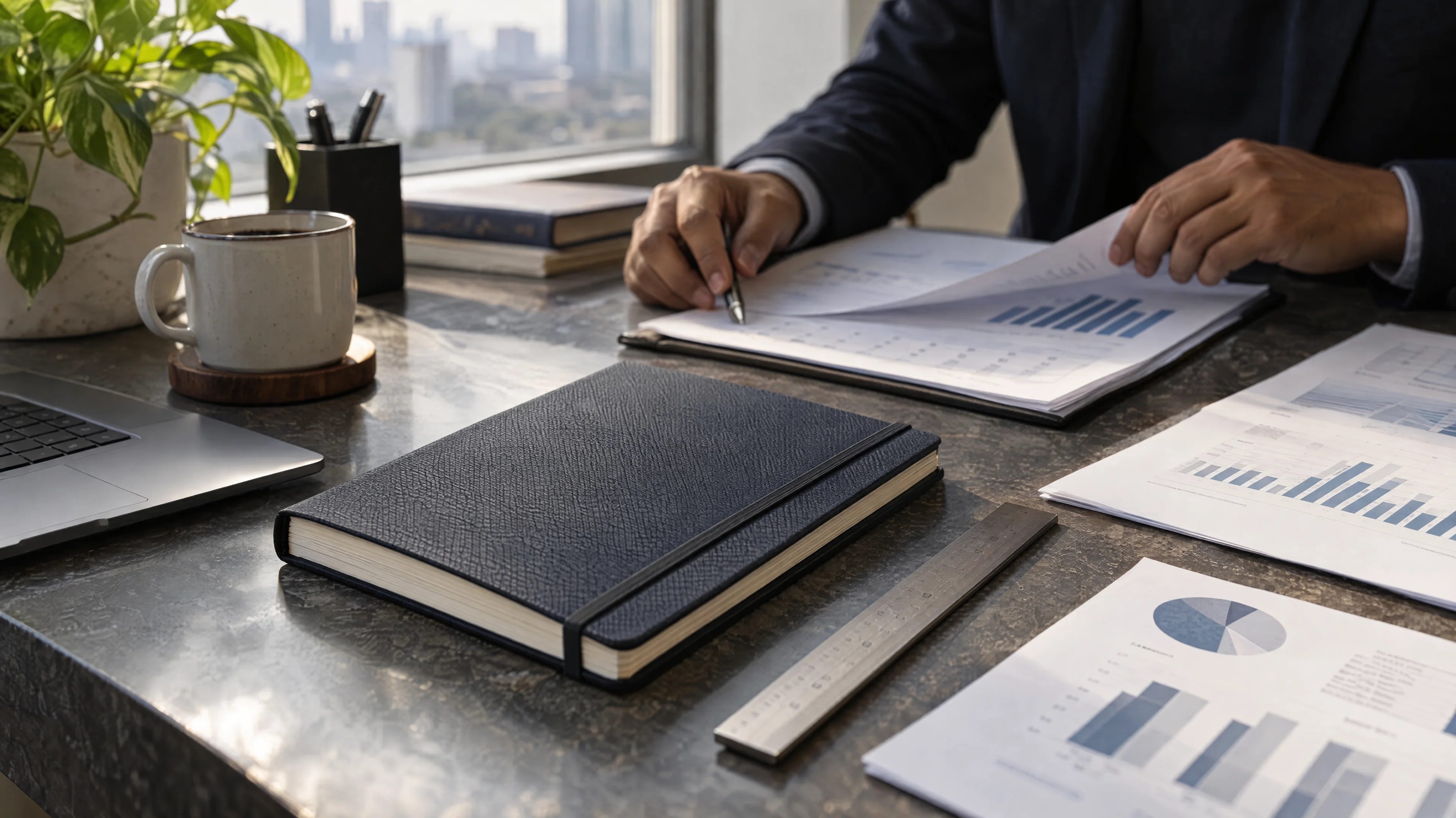 Business notebook, ruler and analytical reports on a desk.