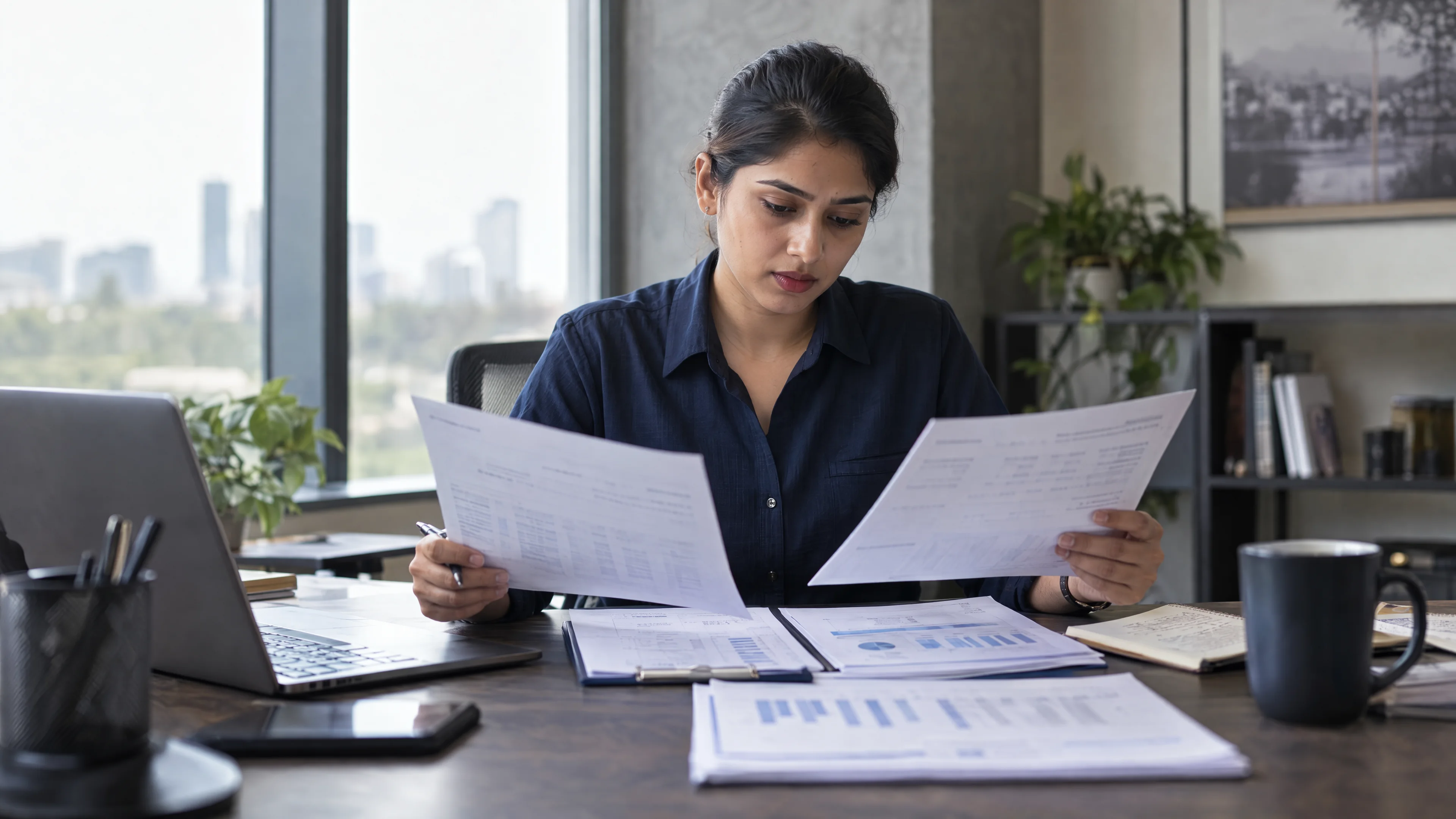 Reviewer checking two reports against an agreed definition sheet.