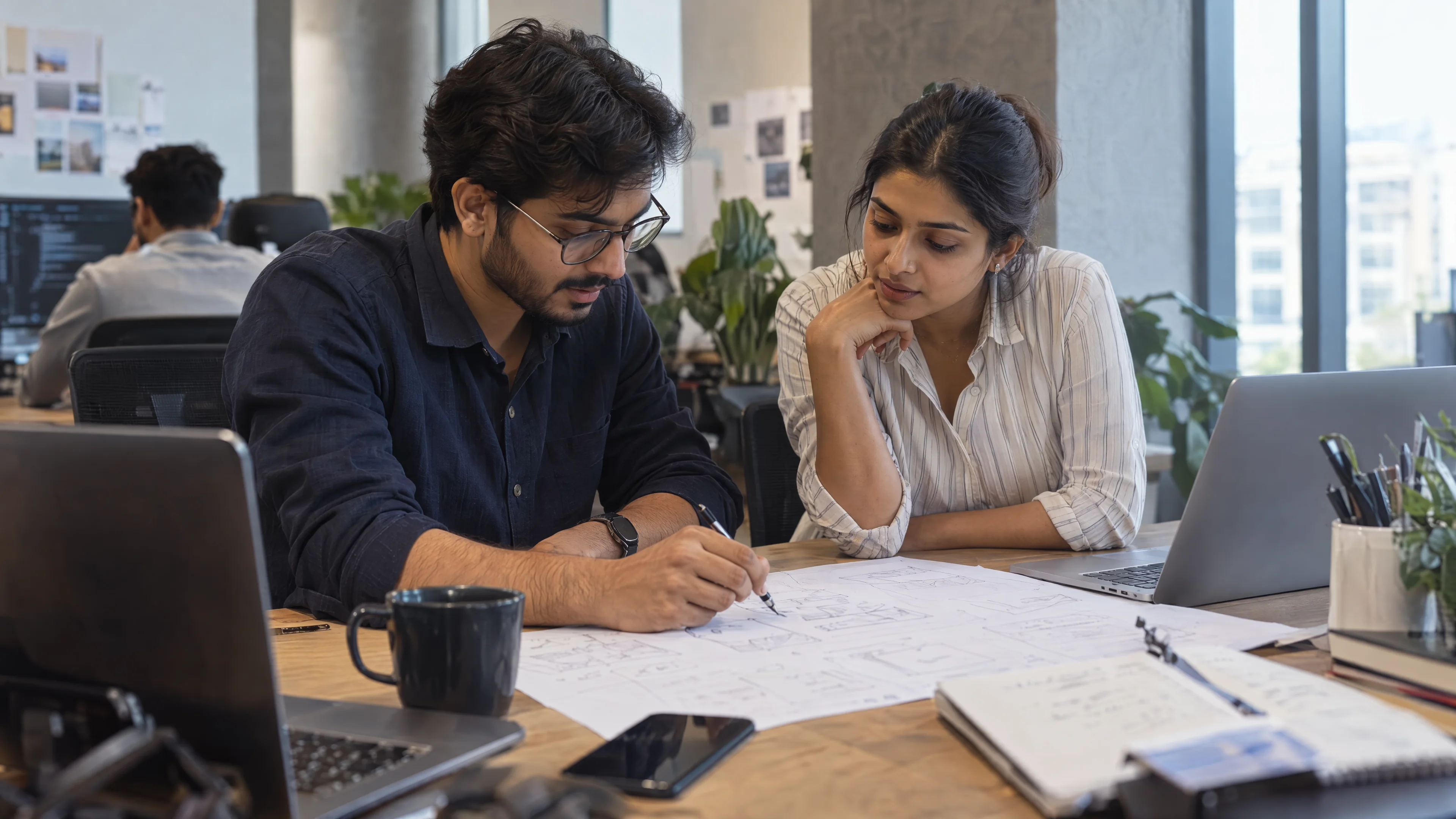 Software engineer and data specialist reviewing a systems sketch.