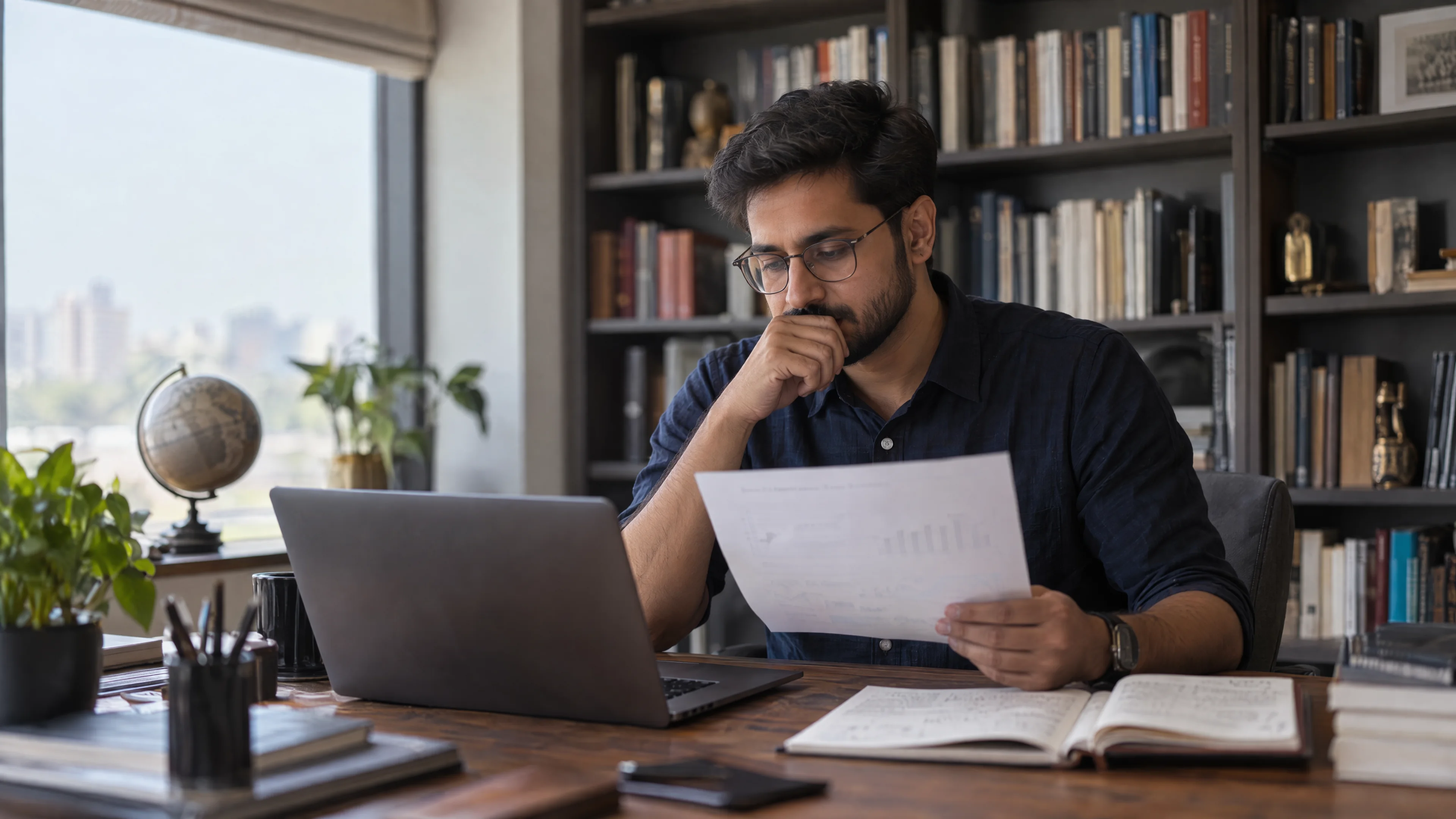 Analyst reviewing a report and notebook in an office library.
