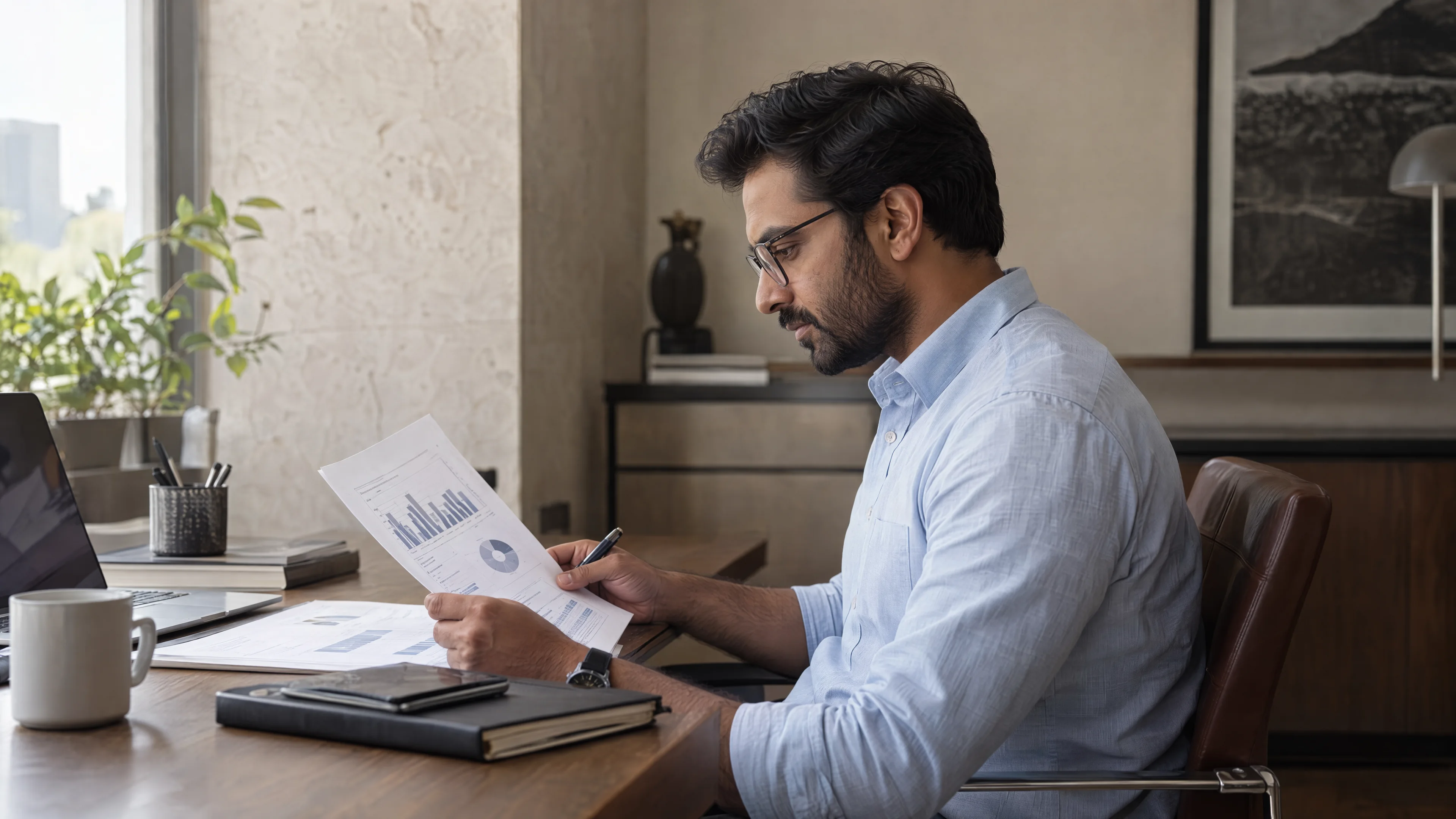 Business analyst studying a comparison report at a desk.