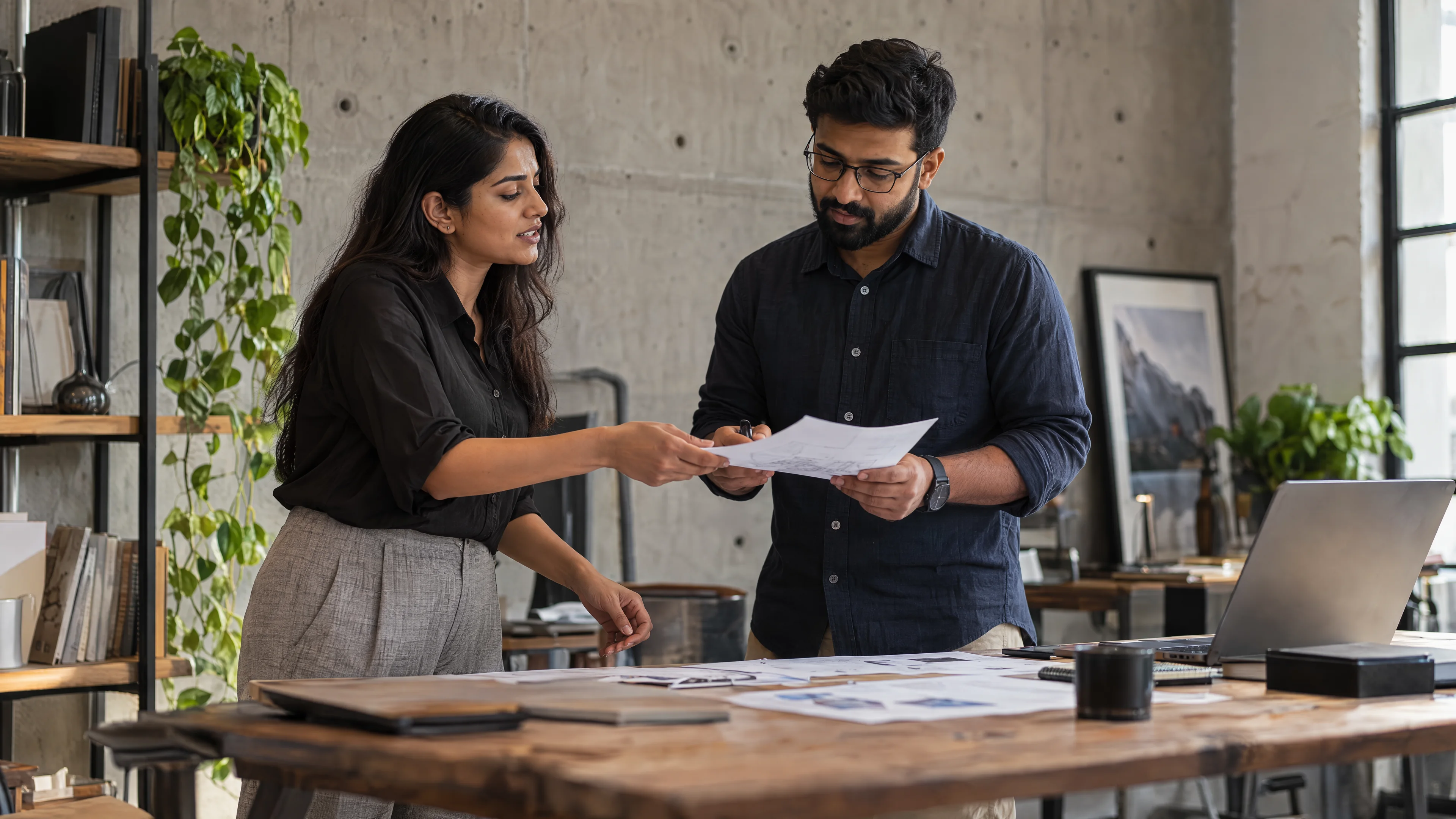 Technical colleagues reviewing an annotated document at a project table.
